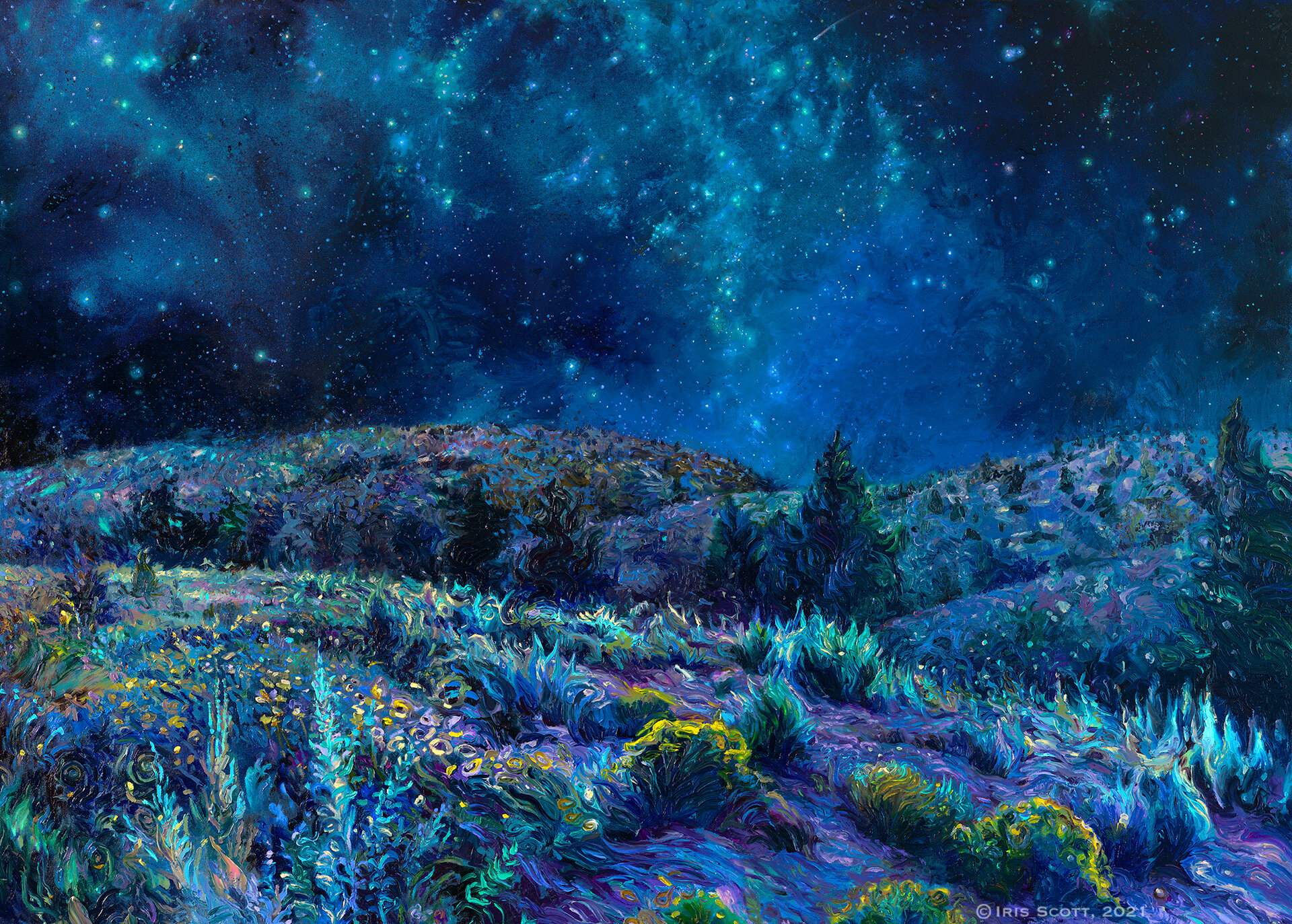 Художник рисует звездное небо подчеркни в предложении. Айрис Скотт (Iris Scott). Картины пейзажи Айрис Скотт. Ночное небо живопись. Звёздная ночь.