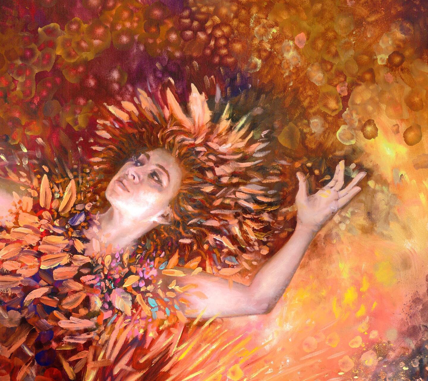 Details and close ups of my new 72x48 inch  #goddess commission. Woohoo!!
Original sold. 

Special thanks to my friend Morika for modeling for this otherworldly #volcano #god. I combined three techniques into this one painting: fingerpainting (bottom