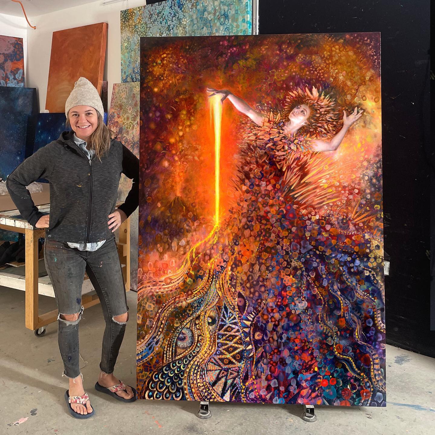 New original! &ldquo;Goddess is Fire&rdquo;
 72x48 inch commission. Woohoo!!
Original sold. 

Special thanks to my friend Morika for modeling for this otherworldly #volcano 🔥#god. I combined three techniques into this one painting: fingerpainting (b