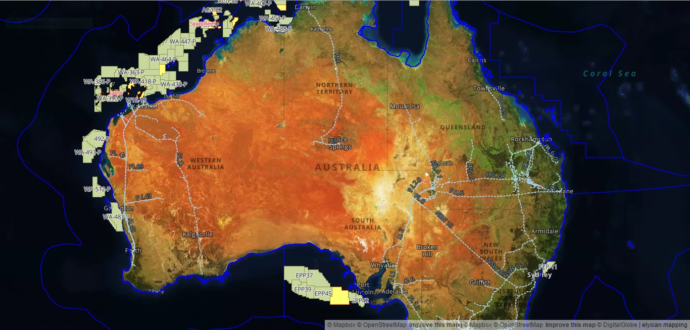 PETROLEUM TITLES, WELLS &amp; PIPELINES  The National Offshore Petroleum Titles Administrator (NOPTA) is responsible for the day-to-day administration of petroleum and greenhouse gas titles in Commonwealth waters in Australia.&nbsp;While NOPTA publish a couple of shape files they only publish a series of hard copy maps that show titles, wells, pipelines, fields and Acreage Release areas together.&nbsp;So, I thought I'd reproduce these using MapBox vector tiles.&nbsp;The NOPTA titles have been combined with Petroleum Well data from Geoscience Australia and Pipeline datasets from each of the States and Territories.
