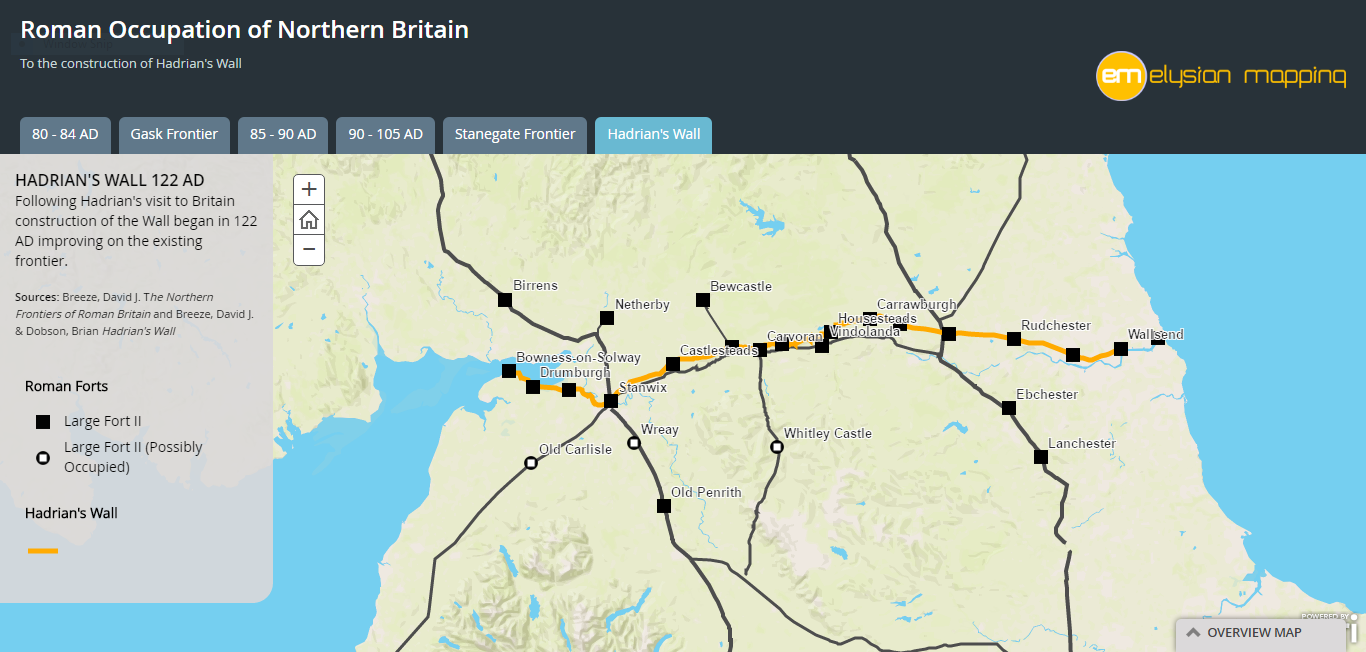 ROMAN OCCUPATION OF NORTHERN BRITAIN  A couple of years ago I spent a week's holiday exploring Hadrian's Wall. The history of the Wall starts with the Romans first invasion of Scotland and is more complicated or nuanced (isn't it always?) than many people realise. This is a little project uses ESRI story maps to show the stages that eventuated in the building of the Wall.