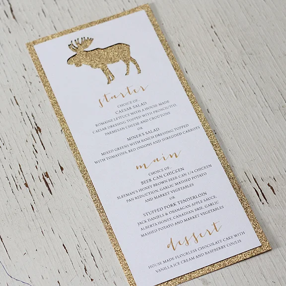 Pink Umbrella Designs - Rustic Glam Moose Wedding Menu