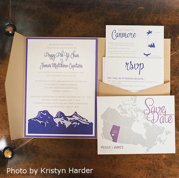 Pink Umbrella Designs - Rustic Mountain Wedding Invitation Suite. Photo by Krysten Harder Photography