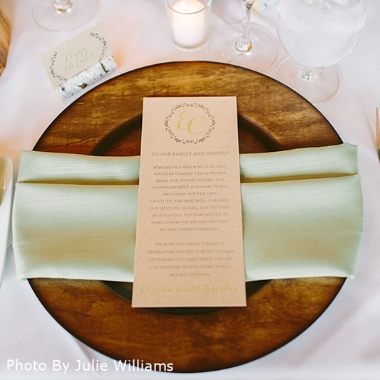 Pink Umbrella Designs - Rustic Elegant Wedding Menu. Photo by Julie Williams Photography.