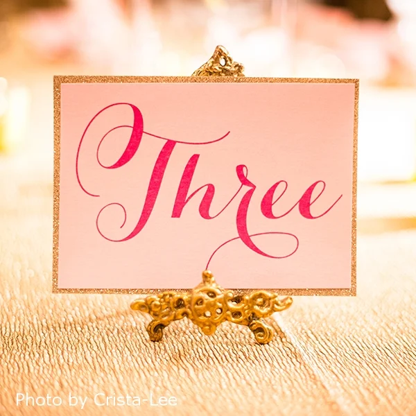 Pink Umbrella Designs - Elegant Pink Wedding Table Number Glitter. Photo by Crista-Lee Photgraphy