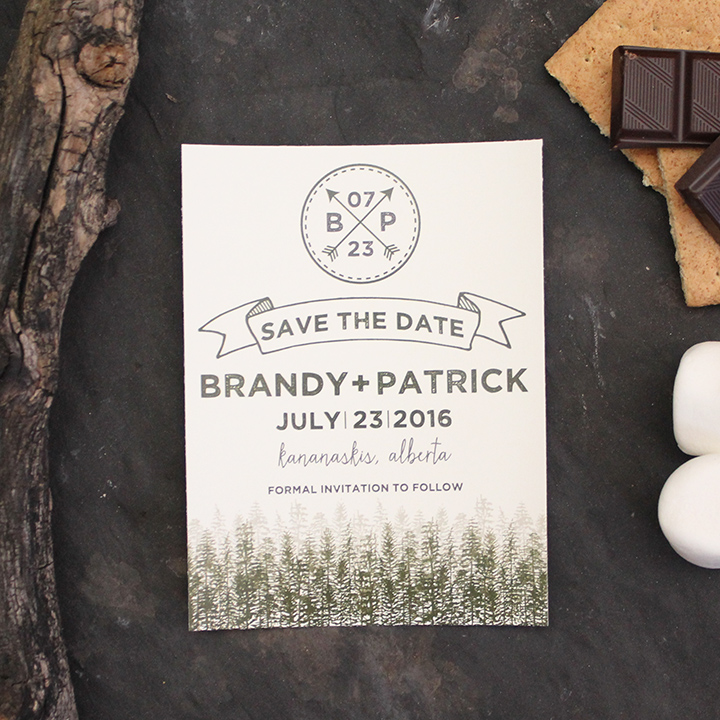 Rustic camping mountain and tree wedding save the date invite.