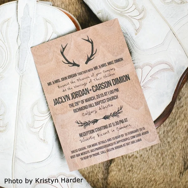 Pink Umbrella Designs - Rustic Wood Antler Wedding Invitation. Photo by Kristyn Harder Photography