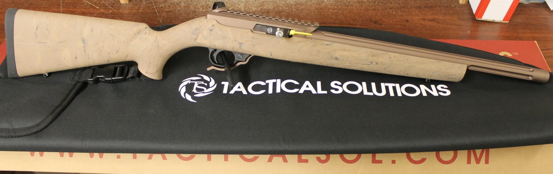 TacSol X-Ring Rifle -- Matte Brown barrel, 10/22 Trigger, 10/22 Extended Magazine Release, Hogue Overmolded Stock in Ghillie Tan, Threaded Barrel       NEW     $749.00