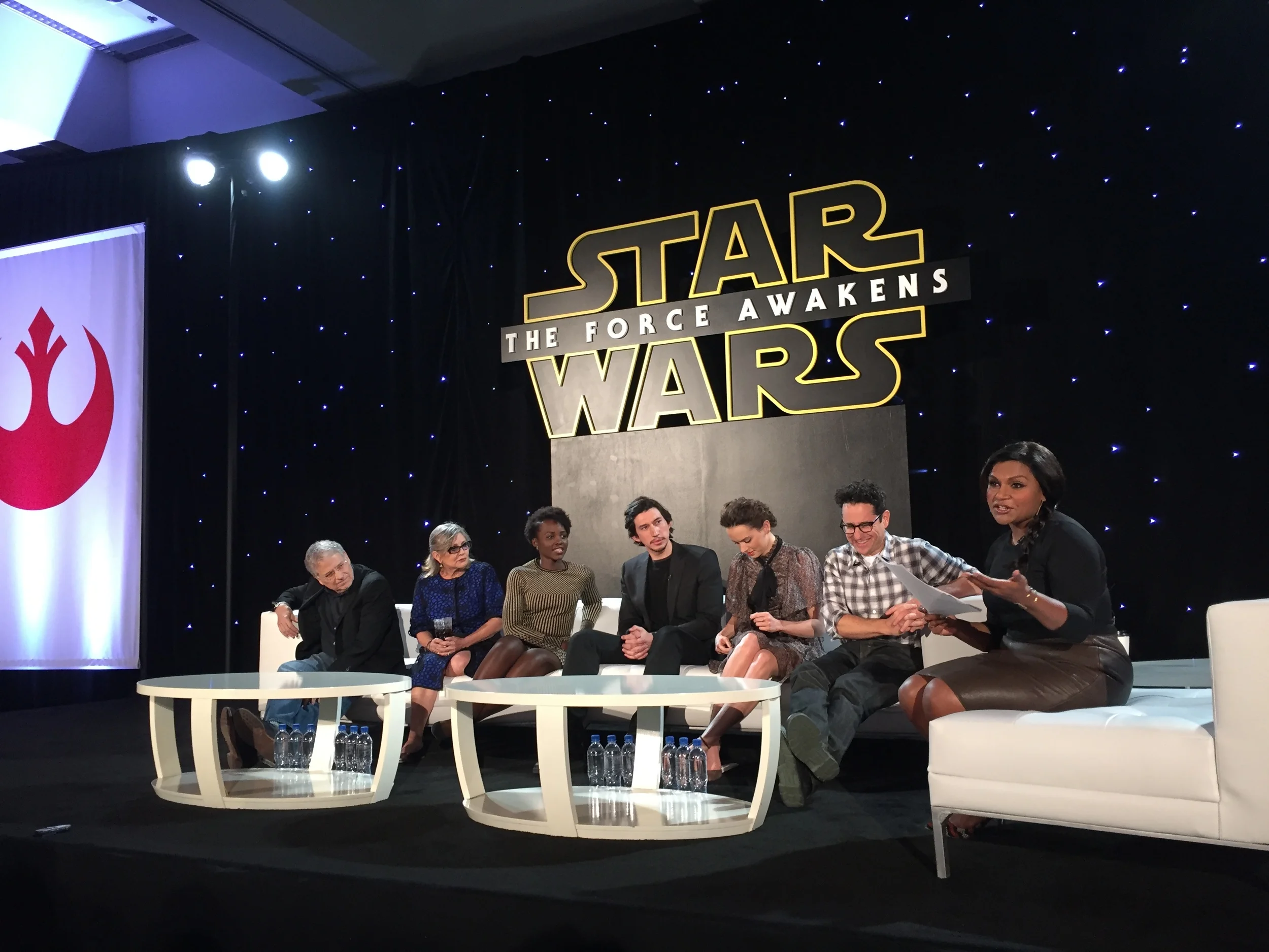 L to R: Lawrence Kasdan, Carrie Fisher, Lupita Nyong'o, Adam Driver, Daisy Ridley, J.J. Abrams