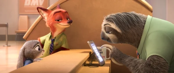 Officer Judy Hopps, Nick Wilde, and DMV employee Flash the Sloth