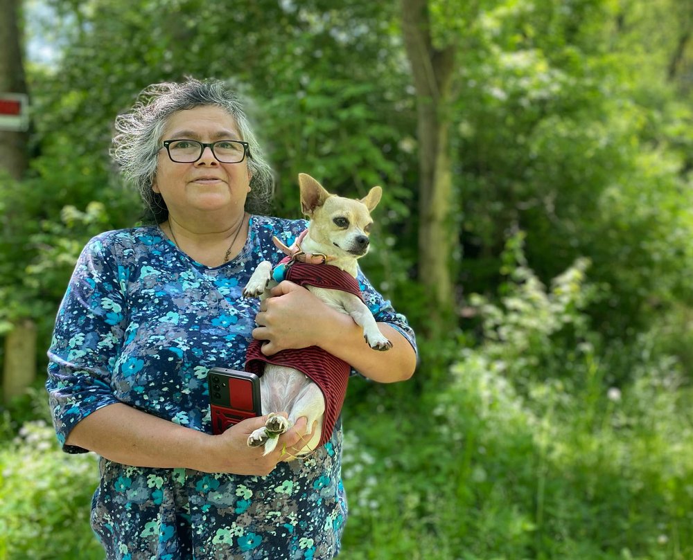  My new friends also took me to another spot, where Tenskwatawa, brother of the famous chief Tecumseh and a Shawnee political and spiritual leader, spent his last days. A historical plaque marks the spot. Guadalupe Carvajal (pictured with her dog Fri