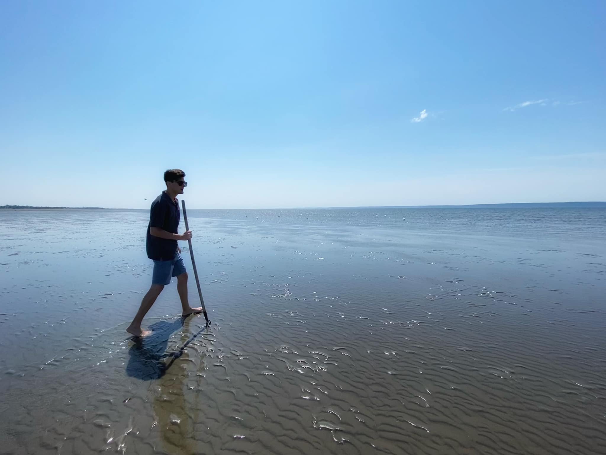  Marcel following a receding tide on Baie Sainte Marie. The most plentiful clams are found at the lowest tides. 