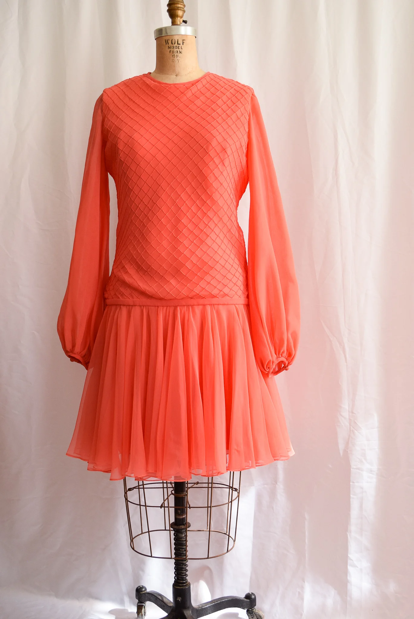 Coral Diamonds. Vintage 1960's Pin-Tucked Silk Chiffon Dress. I.MAGNIN   Bobbins & Bombshells