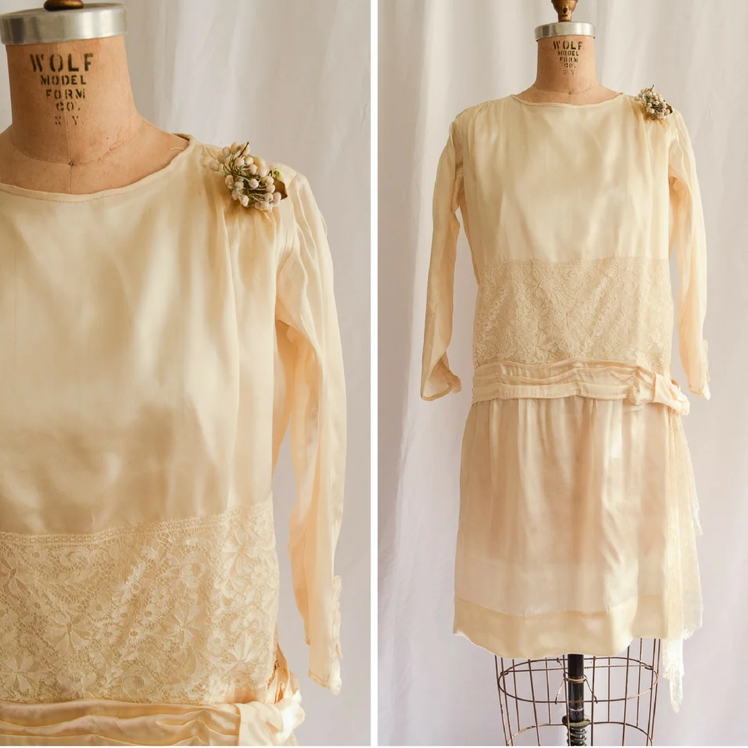Clara. Vintage 1920's Flapper Dress Ivory Satin with Flowers Bobbins & Bombshells Clara. Vintage 1920's Flapper Dress Ivory Satin with Flowers Bobbins & Bombshells
