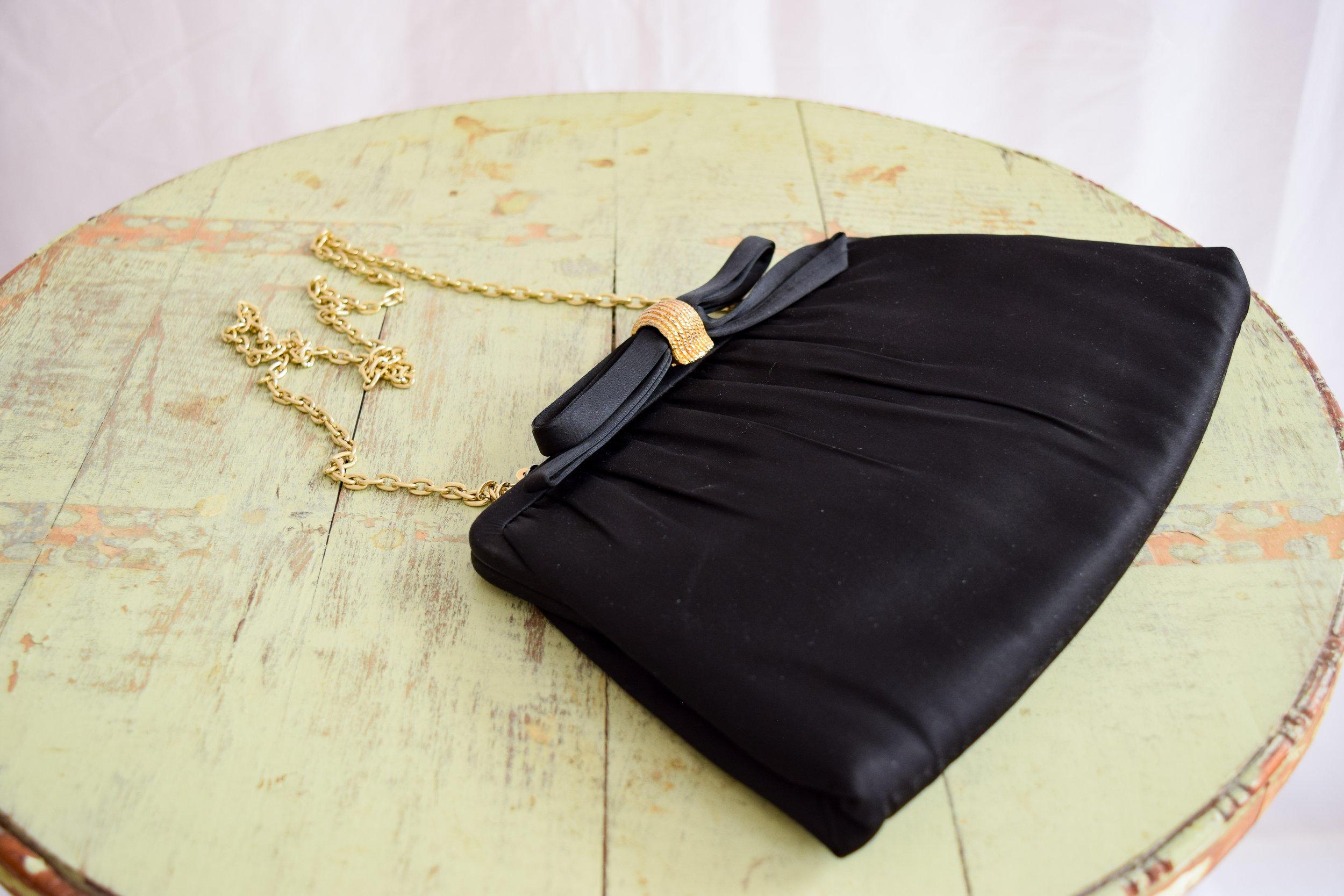 Vintage mid century After Five black evening clutch purse with brass bamboo handle