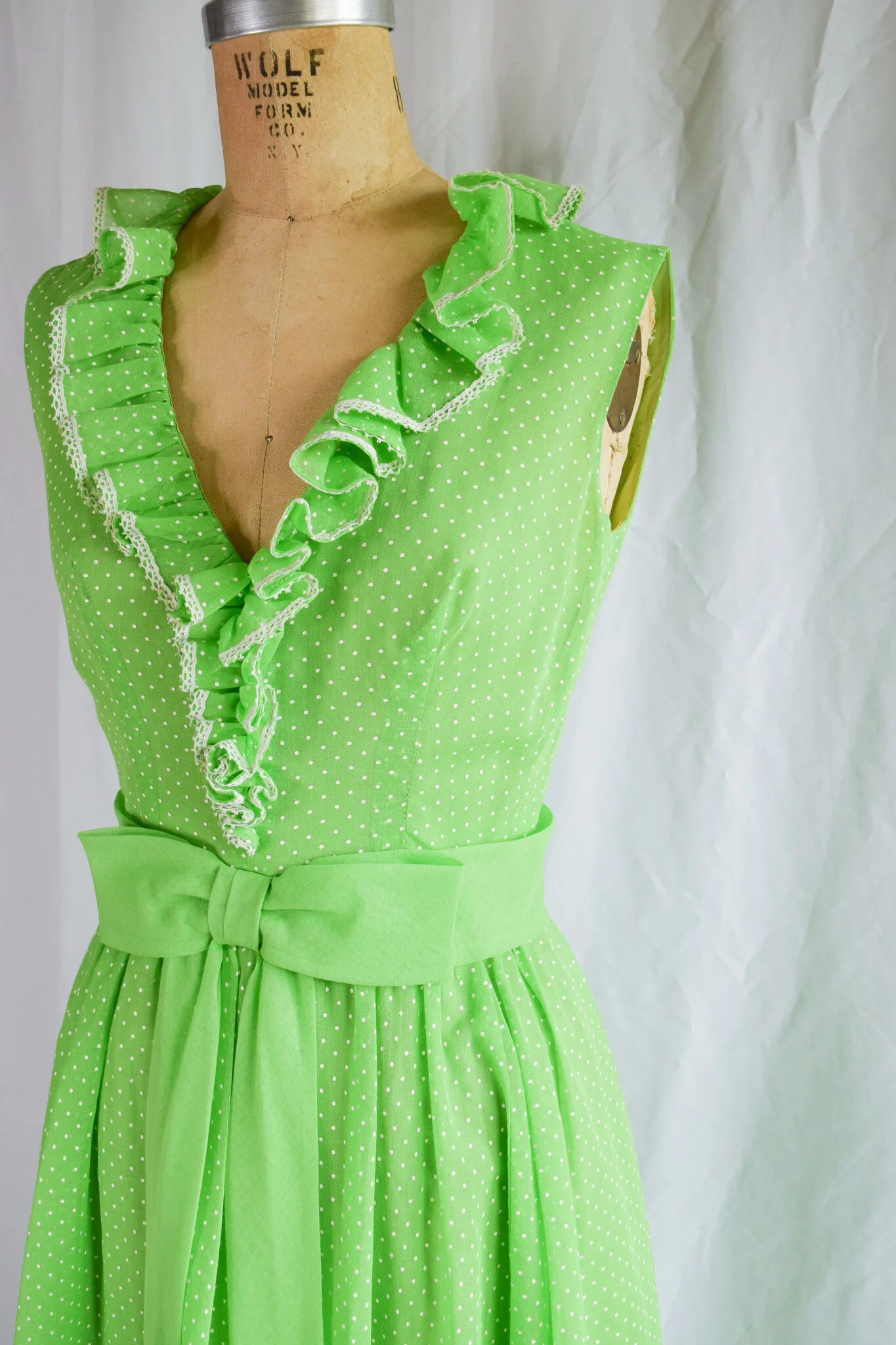 Miss Elliette 1960's Maxi Dress Lime Green Polka Dot Cotton Bobbins & Bombshells Miss Elliette 1960's Maxi Dress Lime Green Polka Dot Cotton Bobbins & Bombshells