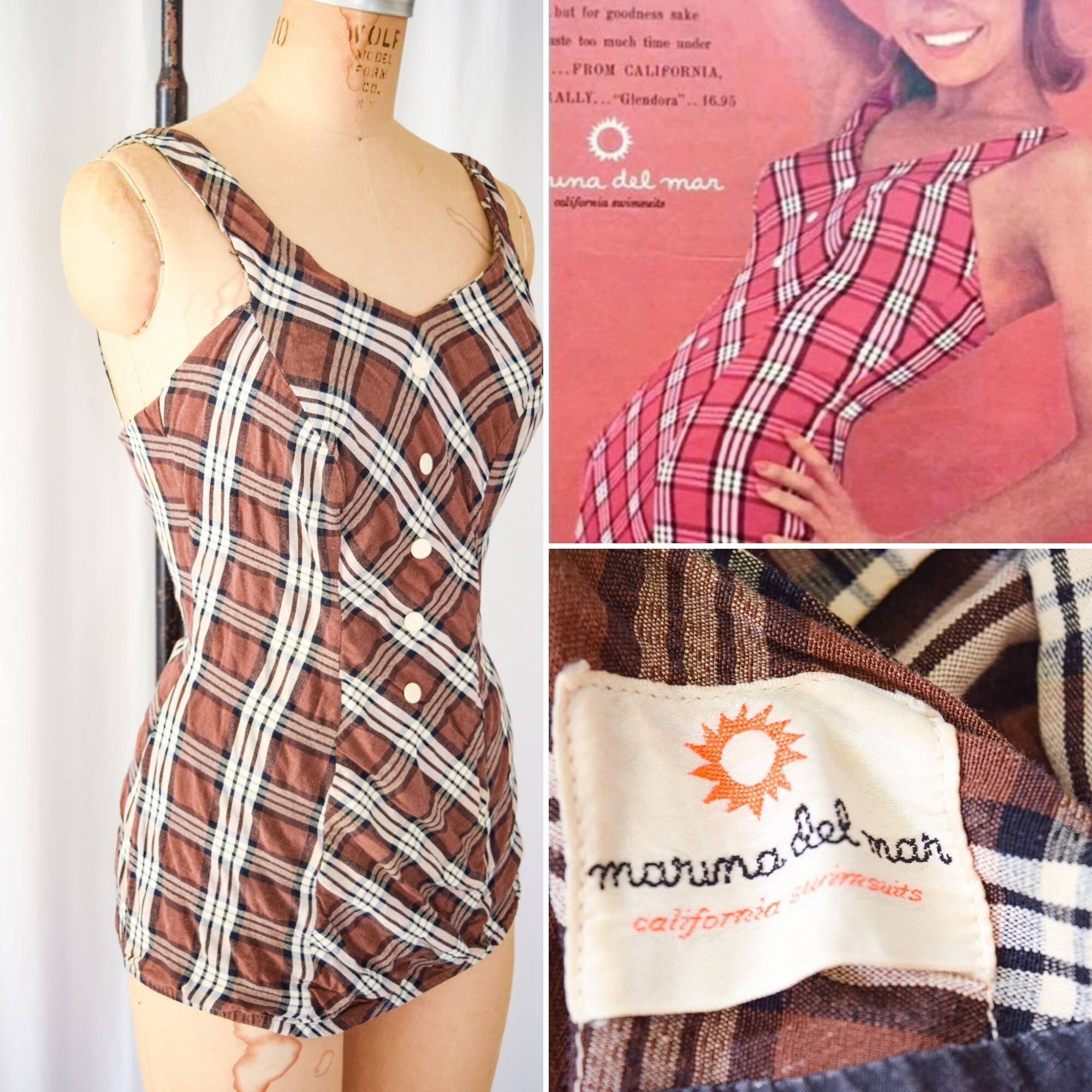 Marina del Mar. Vintage 1950s Brown Plaid One Piece Swimsuit Documented —  Bobbins & Bombshells