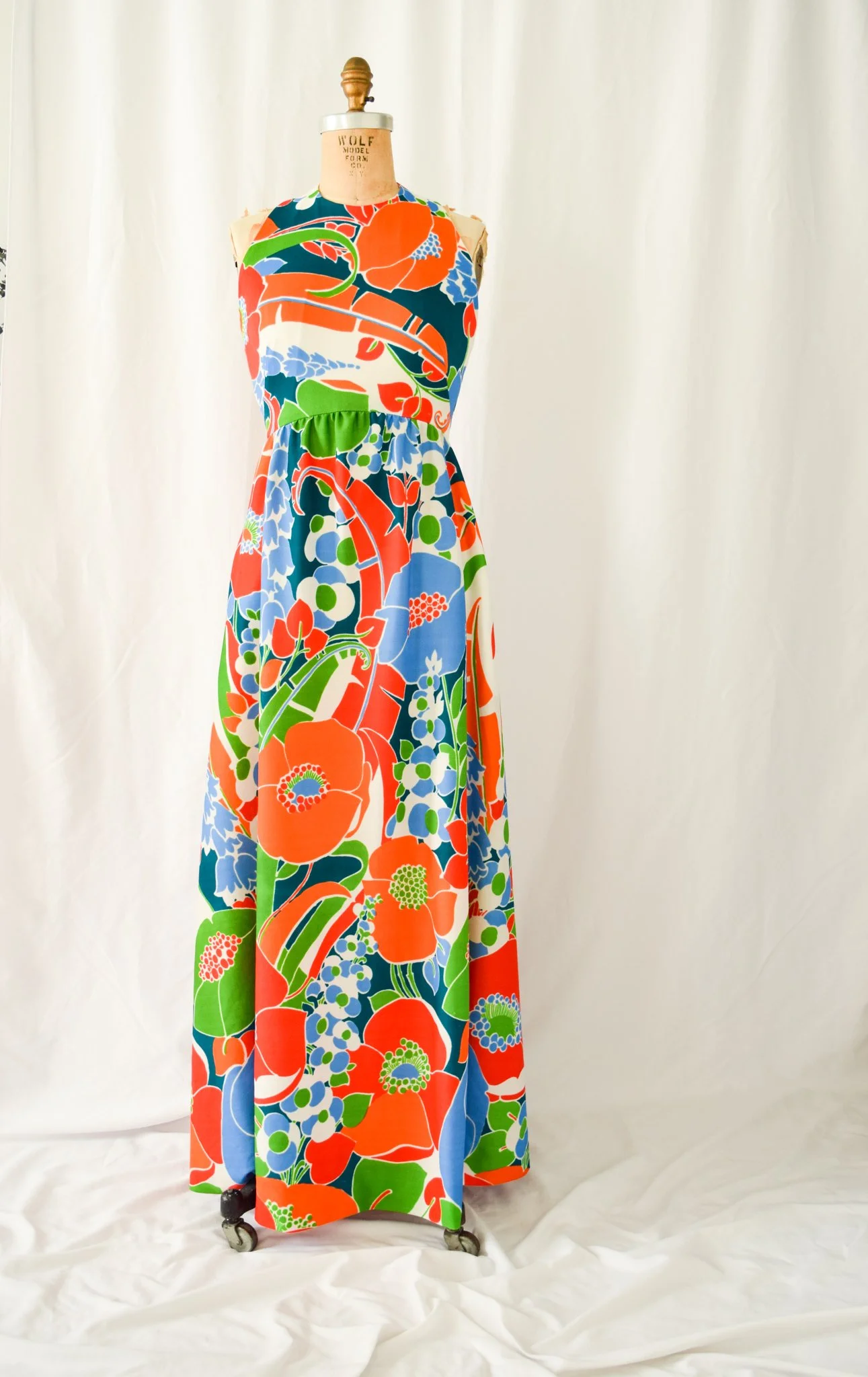 Leo Narducci. Vintage 1960s Dress Bold Tropical Floral Print Halter Maxi  with Pockets  Bobbins & Bombshells