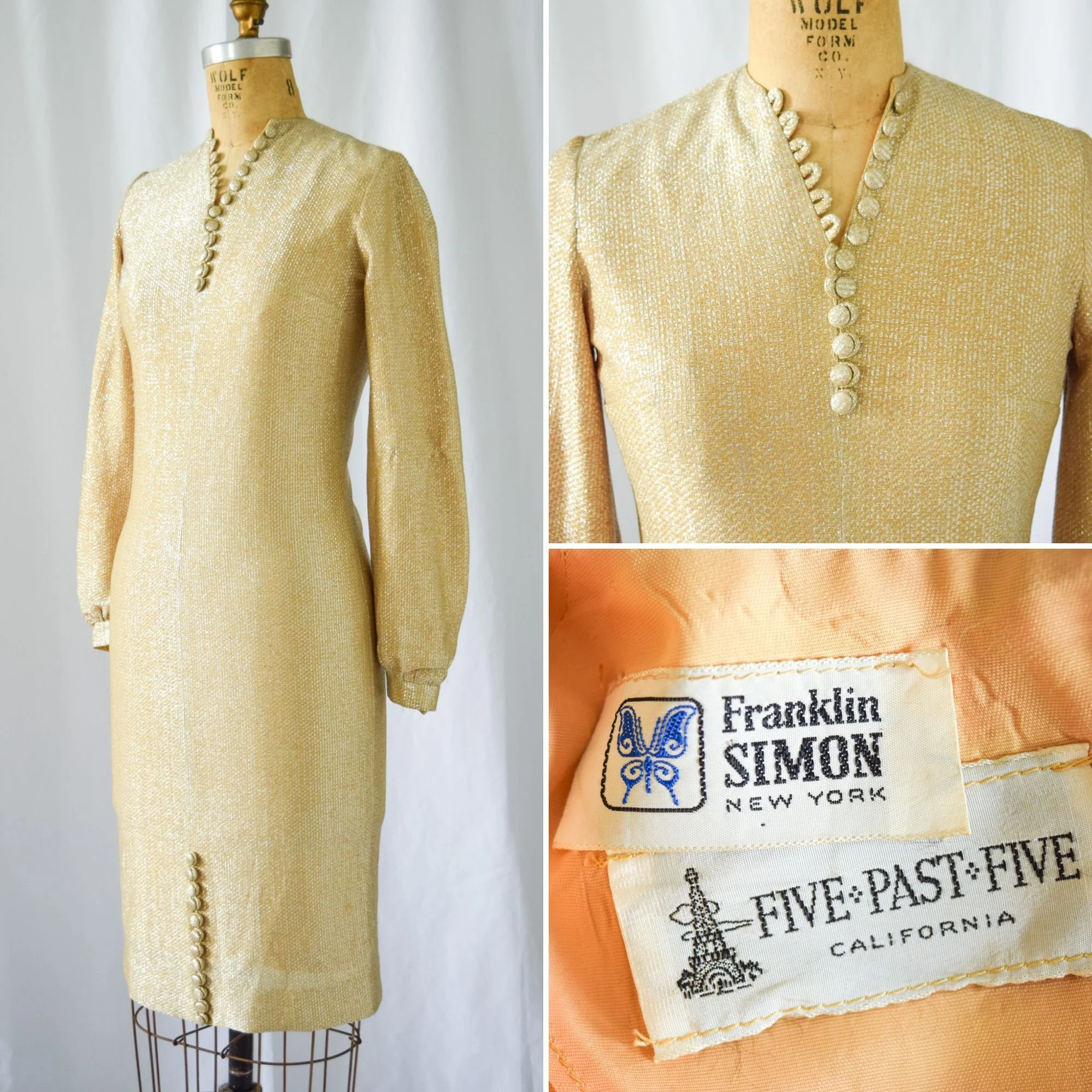 Franklin Simon Vintage 1960s Metallic Gold Lam Slim Fit Party Holiday Dress   Bobbins & Bombshells