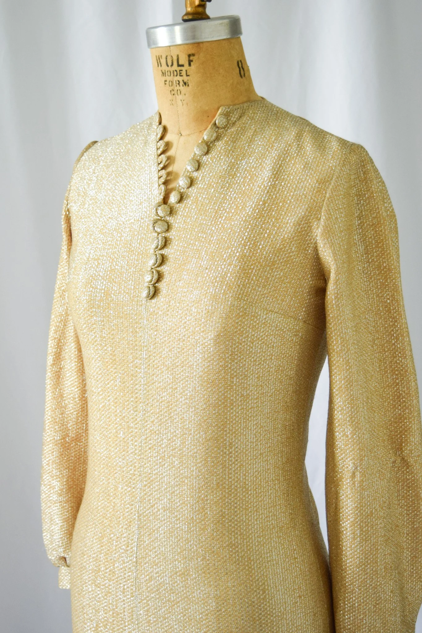 Franklin Simon Vintage 1960s Metallic Gold Lam Slim Fit Party Holiday Dress   Bobbins & Bombshells