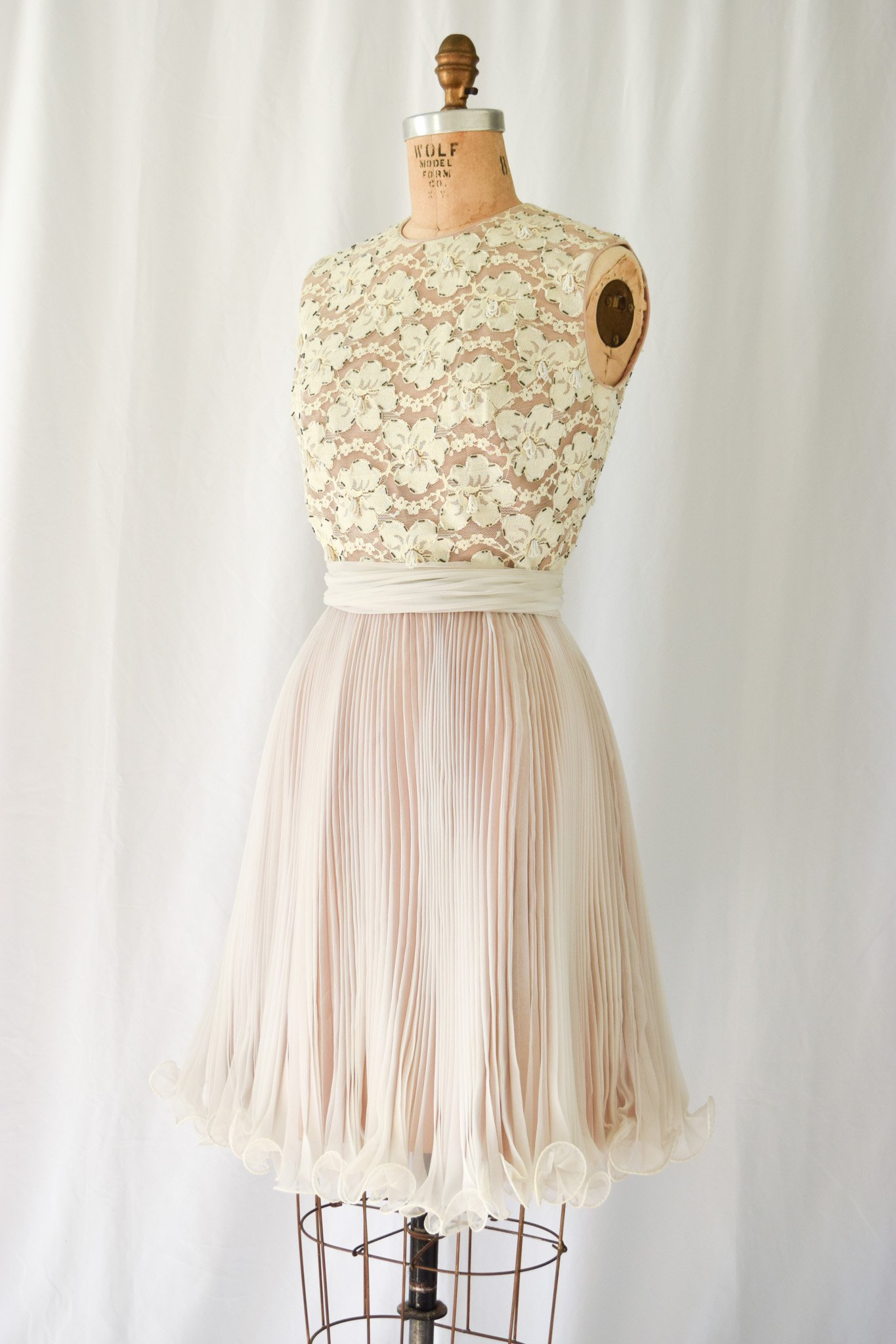 vintage 1960s Jack Bryan by Dupuis taupe lace accordion pleat dress   Bobbins & Bombshells