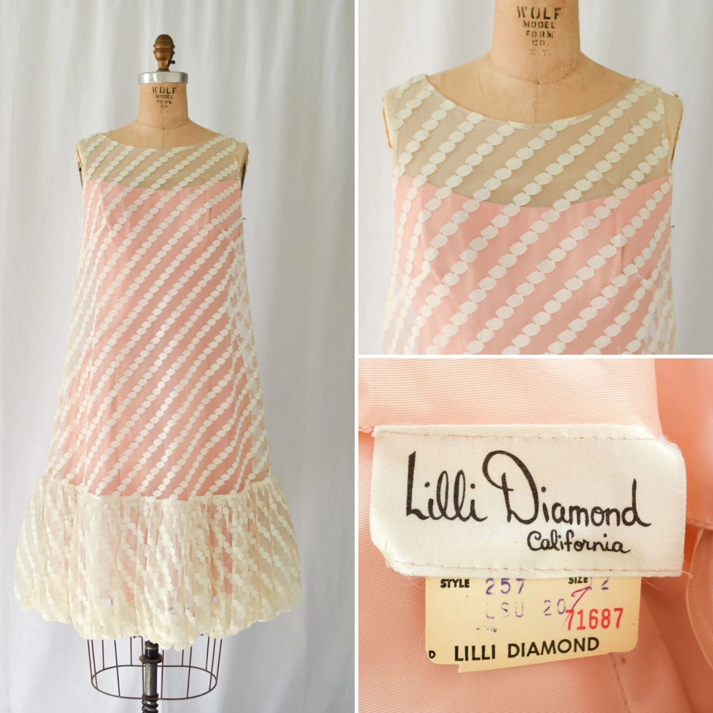 New! Another beautiful 1960s Lilli Diamond dress. This one is a tent trapeze style in dot lace with a peach inner layer...plus an amazing bubble hem! Part of our latest collection; City Hall Bride. 
.
#vintagefashion #vintageshopping #vintageshop