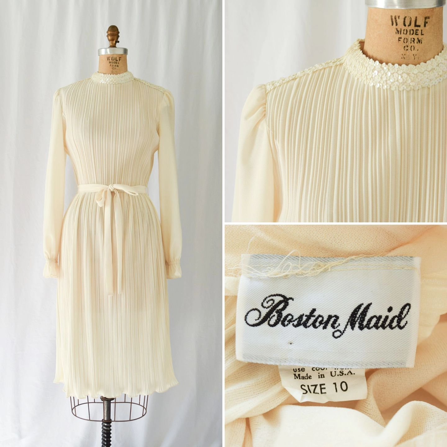 New! 1970s Boston Maid perma-pleated dress with subtle milky white Aurora sequins. Perfect for a City Hall Bride! Available on the website. 
.
#vintagebride #vintagefashion #vintageshop