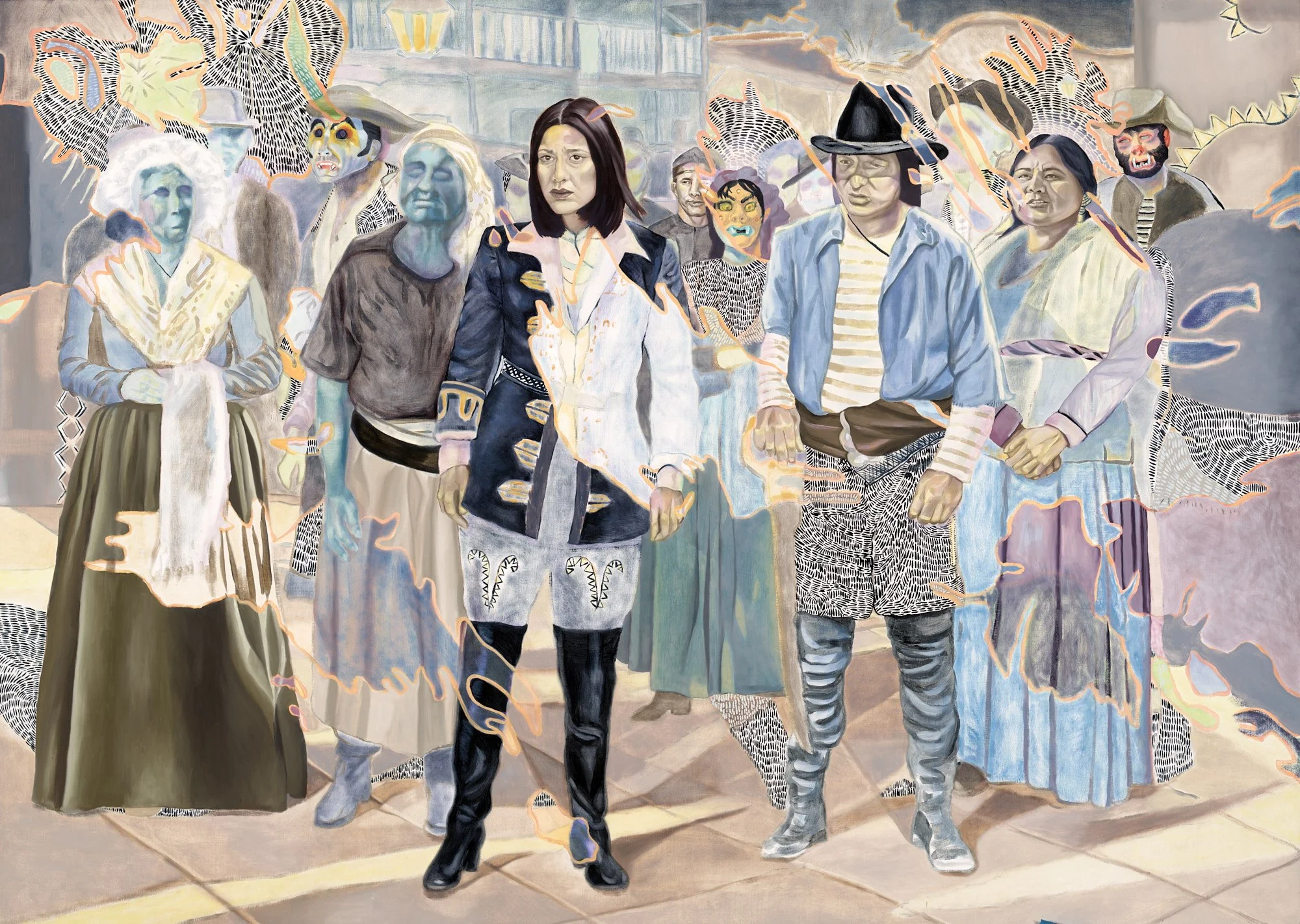   Through the Crowd  with Julia, Graham, Jay &amp; Elaine,  2019, 60” H x 84” W, oil and acrylic on canvas    