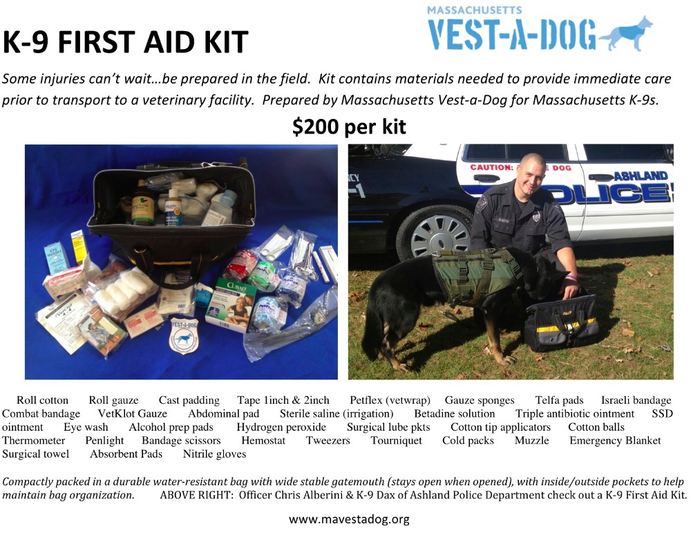 Boston K-9s encounter dangerous and potentially harmful situations often, and K-9 First Aid Kits contain the materials needed to provide immediate care to injured police dogs while in the field.