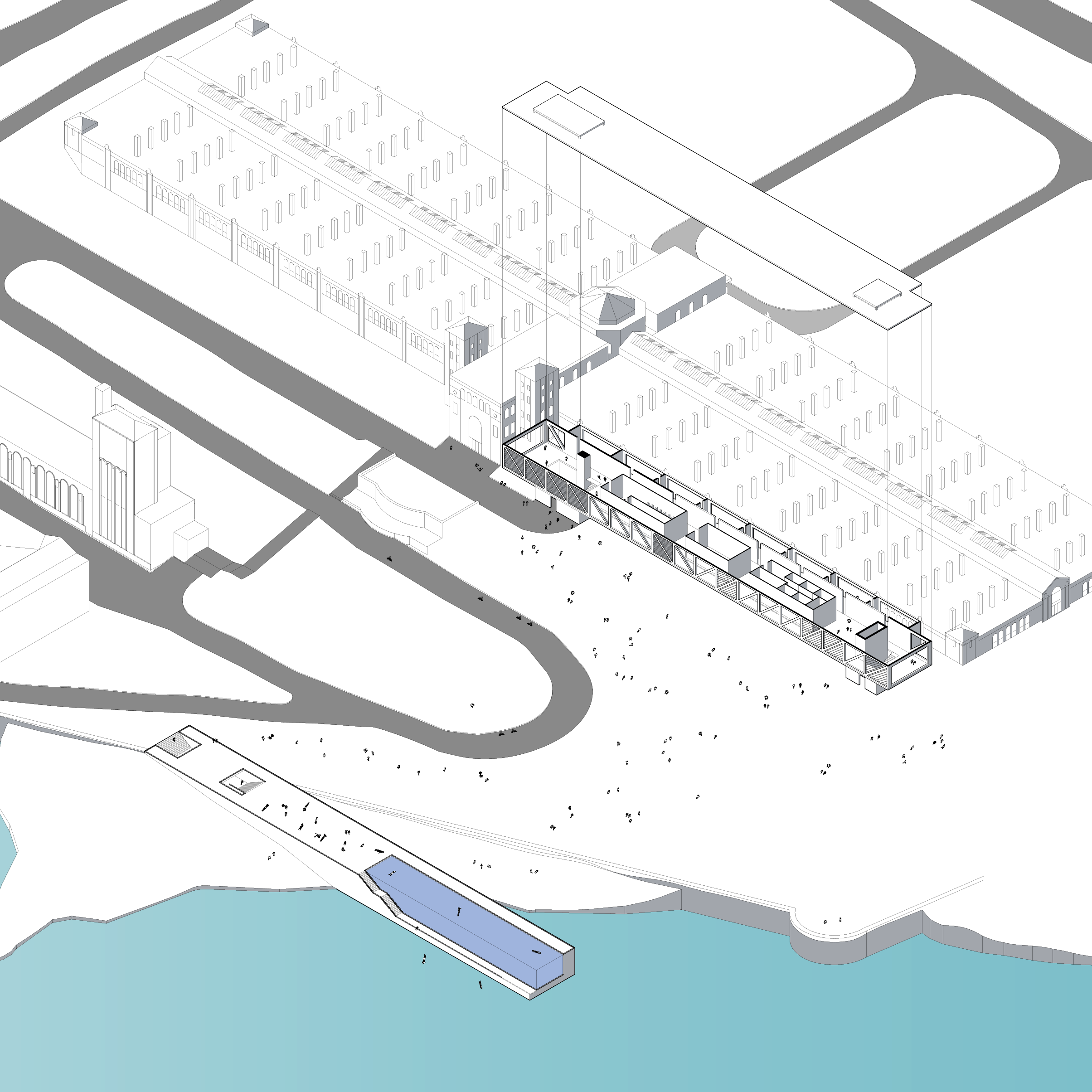  Axonometric drawing&nbsp;showing the relationship between the Water Education Center and Public Pool. 
