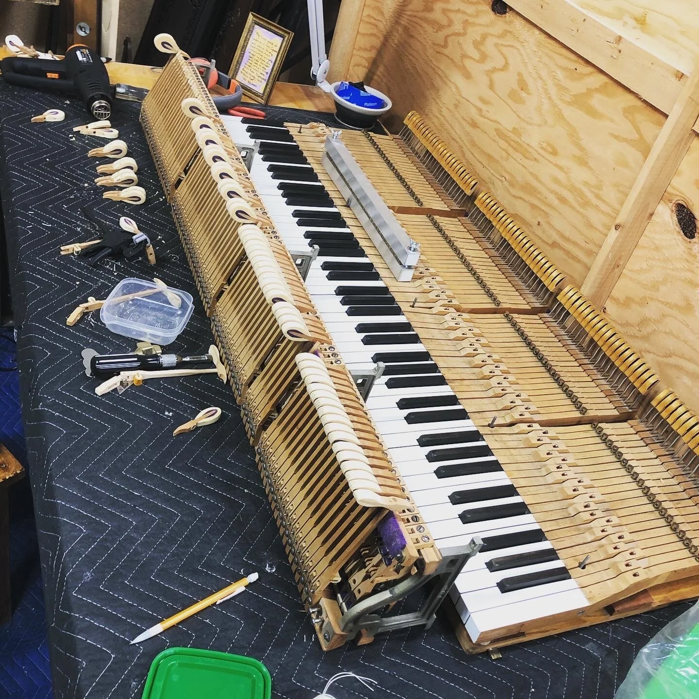 A Chickering grand action in the middle of getting the hammers replaced. 2020