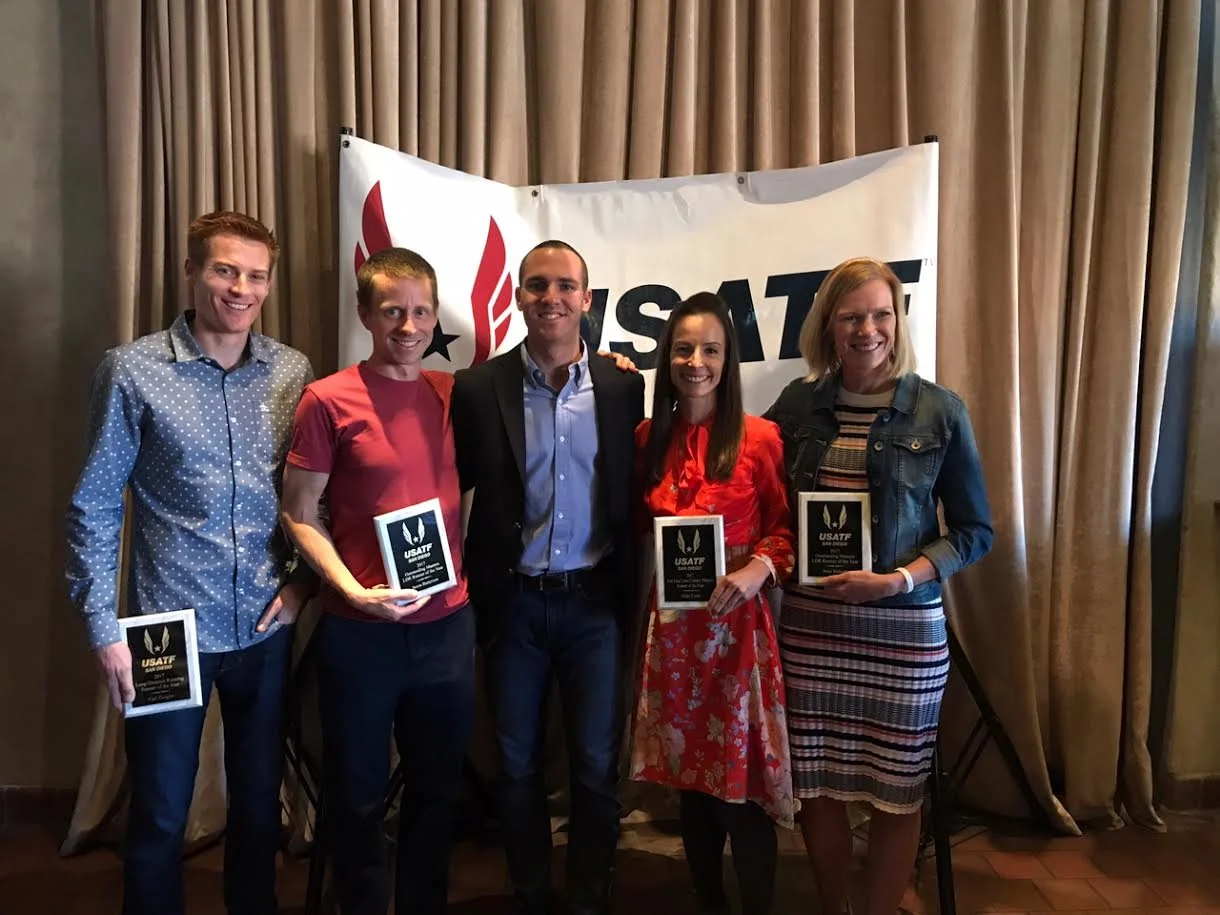 Left to right: Carl Dargitz, Jason Batterson, Men's Long Distance Running chair Nick Scarpello, Hilary Corno, and Amy Halseth pose with their awards.
