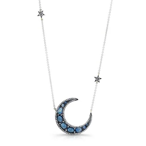 Sapphire Crescent Moon & Stars  Pendant