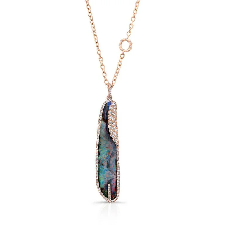 Boulder Opal & Diamond Feather Pendant