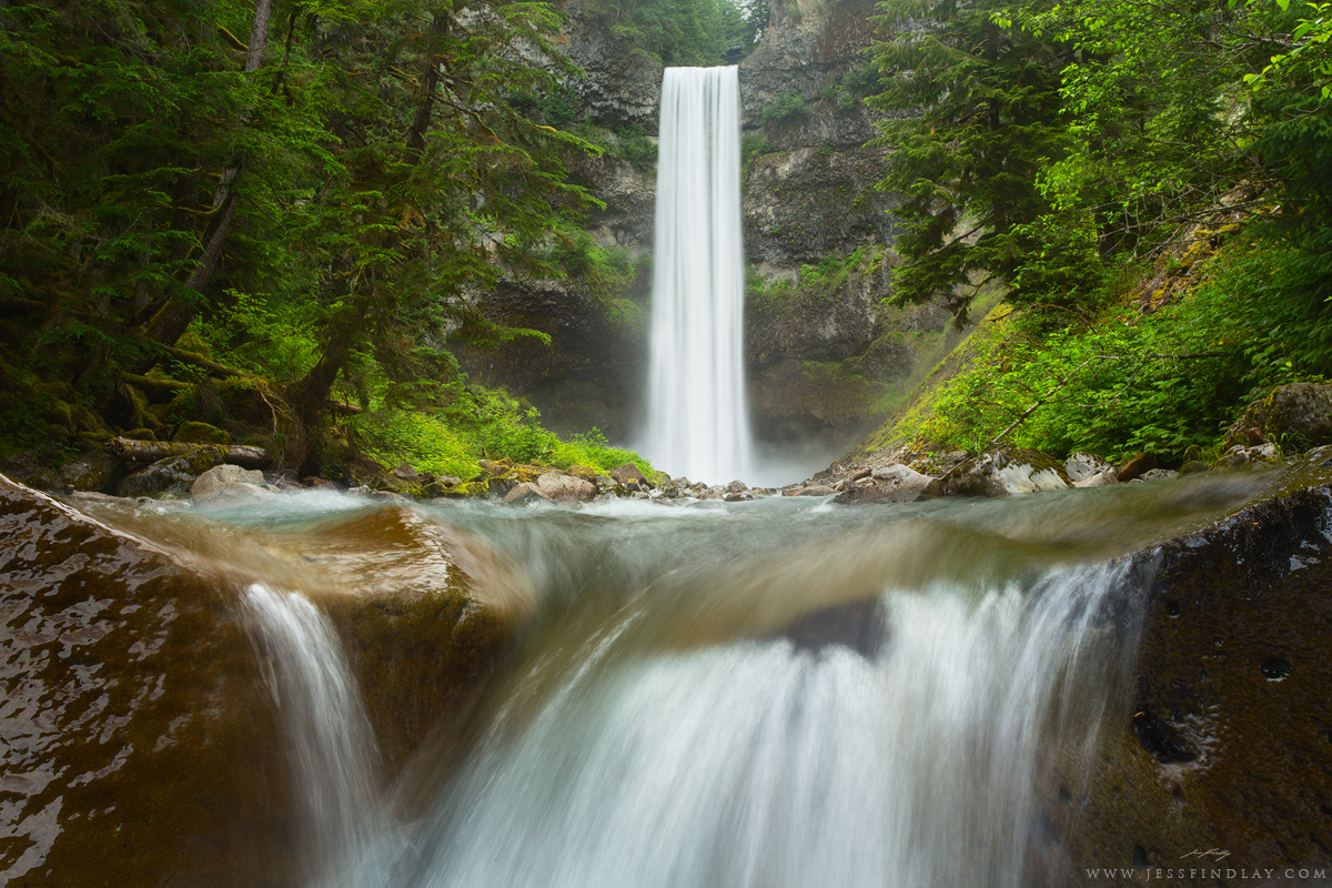 Immersed Southwestern British Columbia, Canada A 70 metre waterfall plunges into a canyon in British Columbia's southern Coast Mountains. While others dried up to dangerously low levels, glacially-fed creeks and rivers surged with meltwater during our recent hot, dry summer. By positioning my tripod legs between submerged boulders and leaning on it to dampen the vibrations caused by the swift current, I was able to capture this angle of a small falls downstream - a chilly endeavour. 