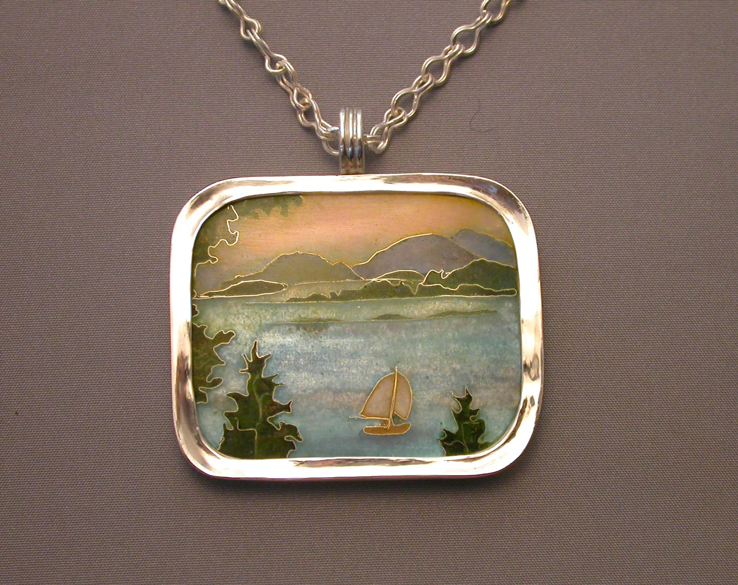 Maine Landscape, necklace. Silver, enamel, fine silver handwoven chain. 3.2 x 3.8 cm. SOLD