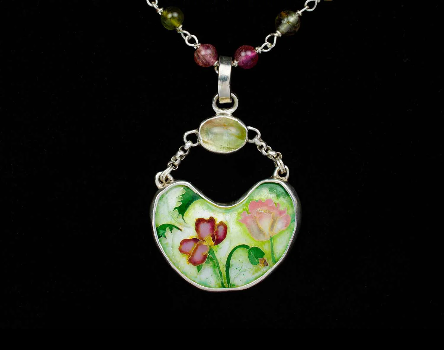 Floral Crescent, necklace. Silver, enamel, tourmaline. Pendant: 4.4 x 2.8 cm. SOLD