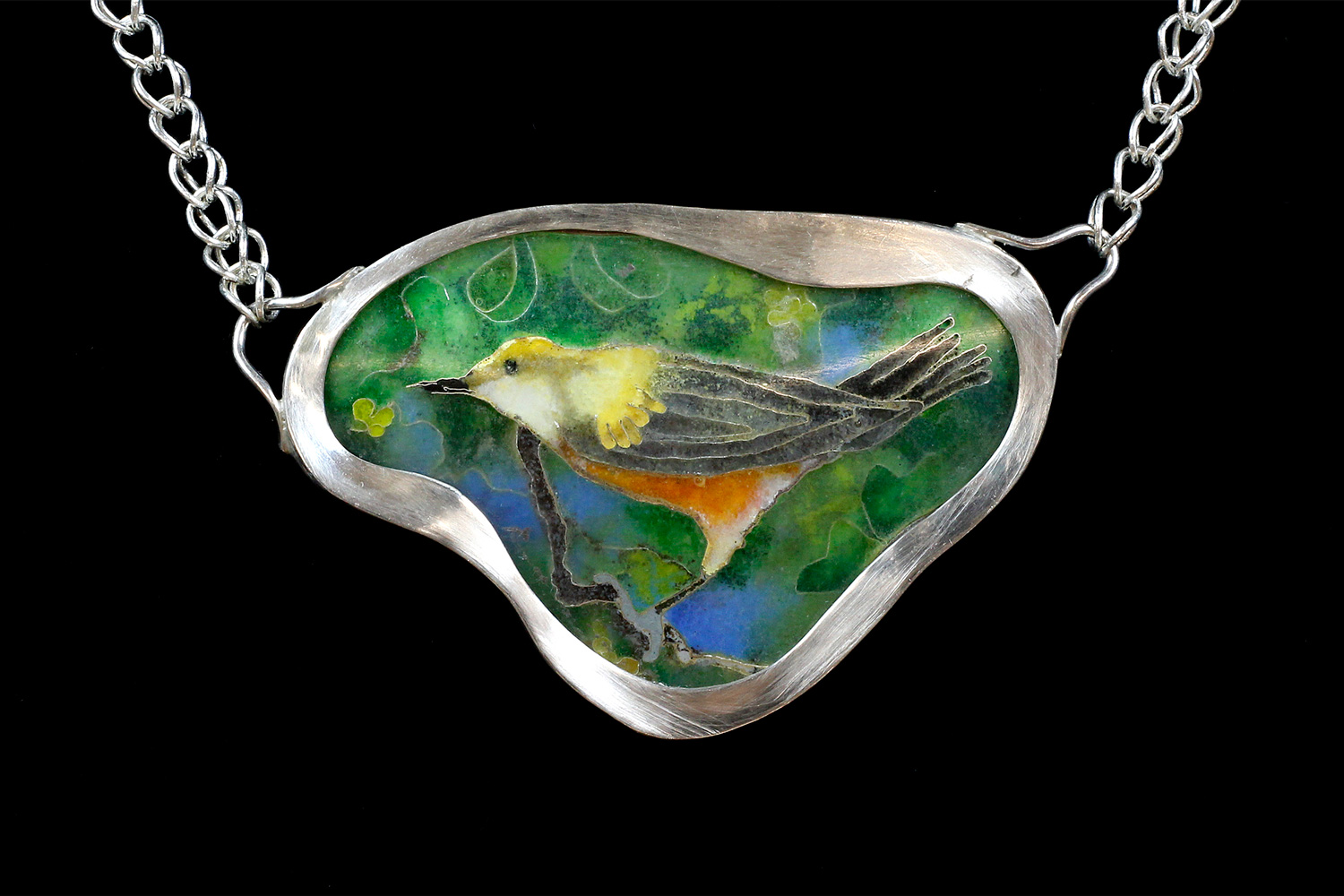 Bird in Tree, two-sided pendant necklace. Silver, enamel, fine silver handwoven chain. 4 cm x 6.2 cm. $2500