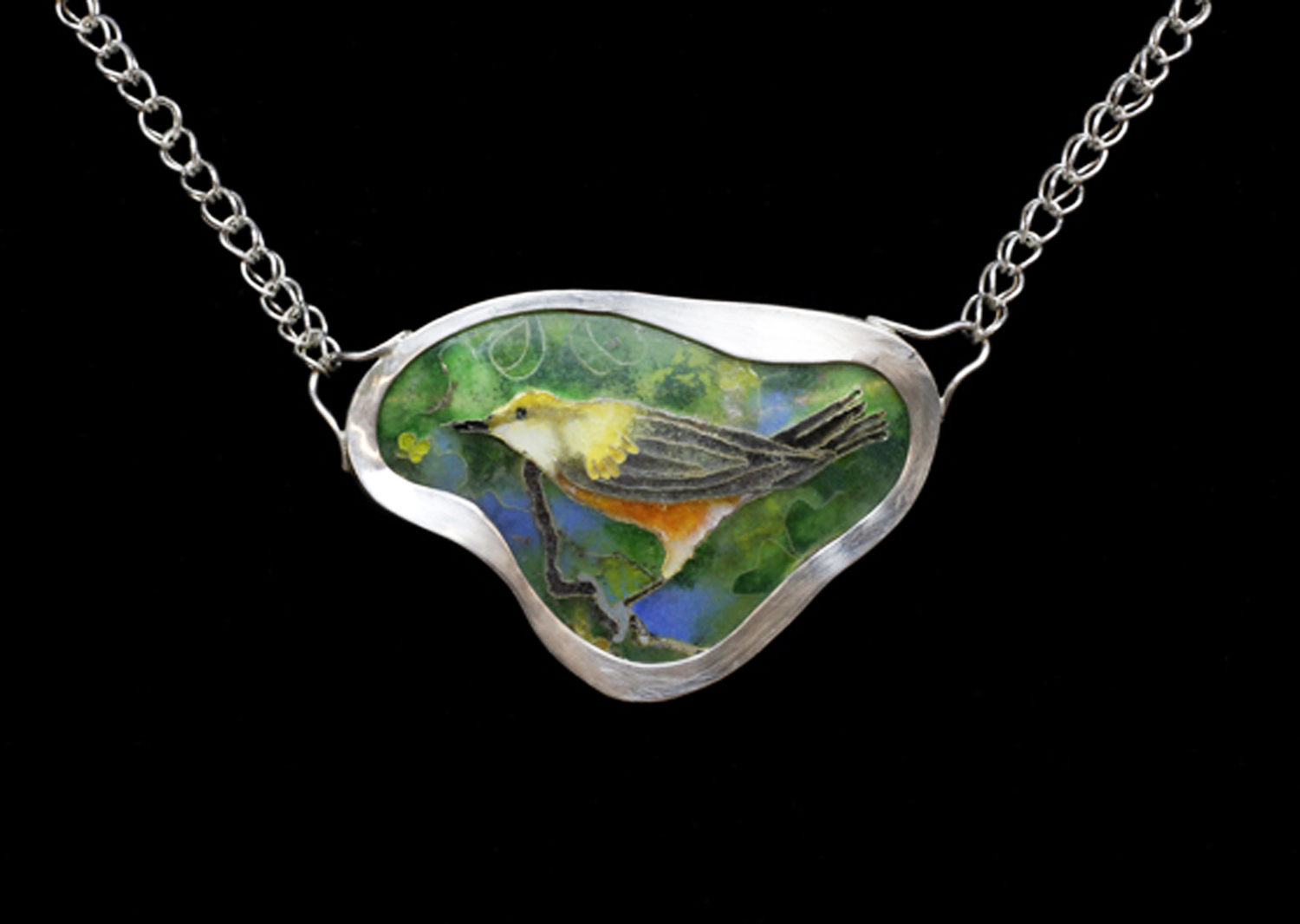 Bird in Tree, two-sided pendant necklace. Silver, enamel, fine silver handwoven chain, repoussé on reverse. 4 x 6.2 cm. $3500