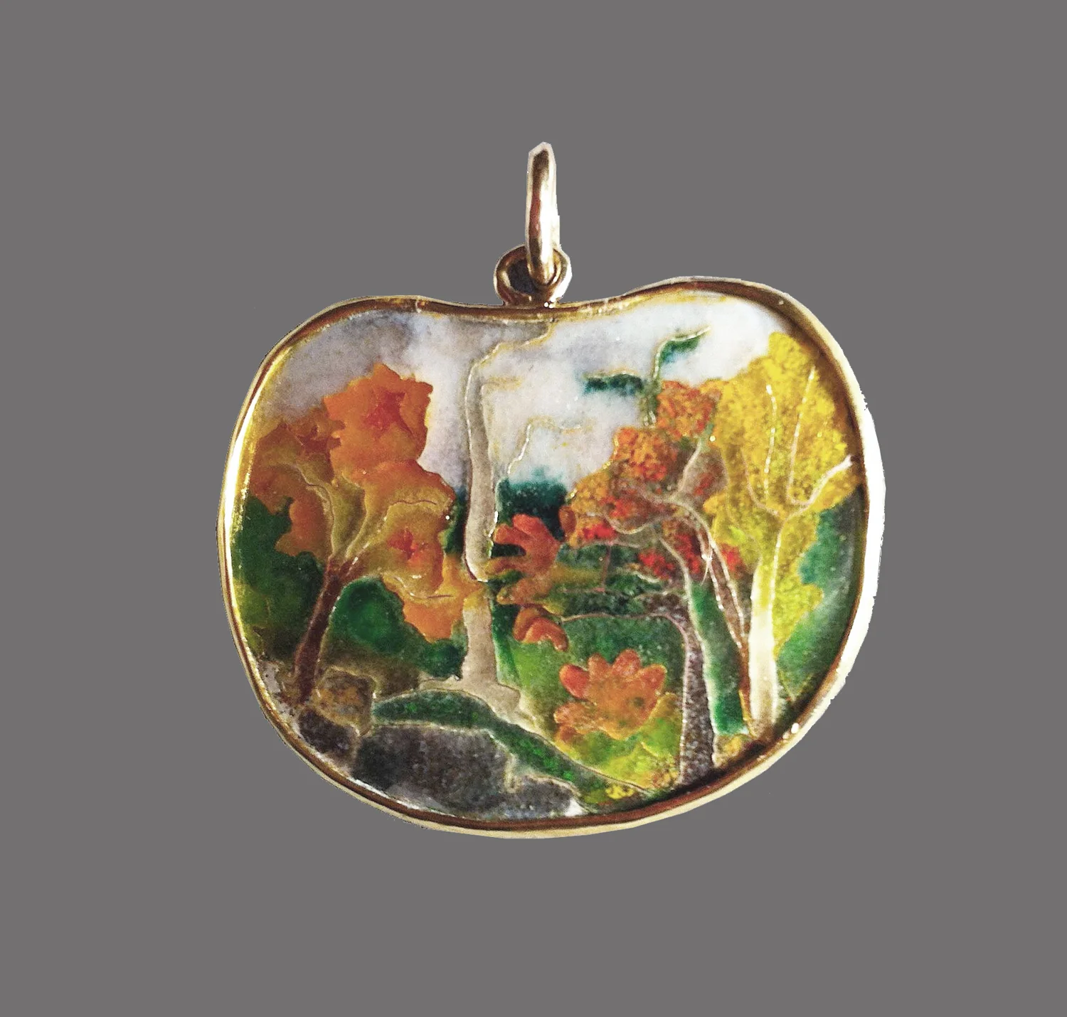 Autumn Trees, pendant. Gold, silver, enamel. 4 x 3.6 cm. $3000