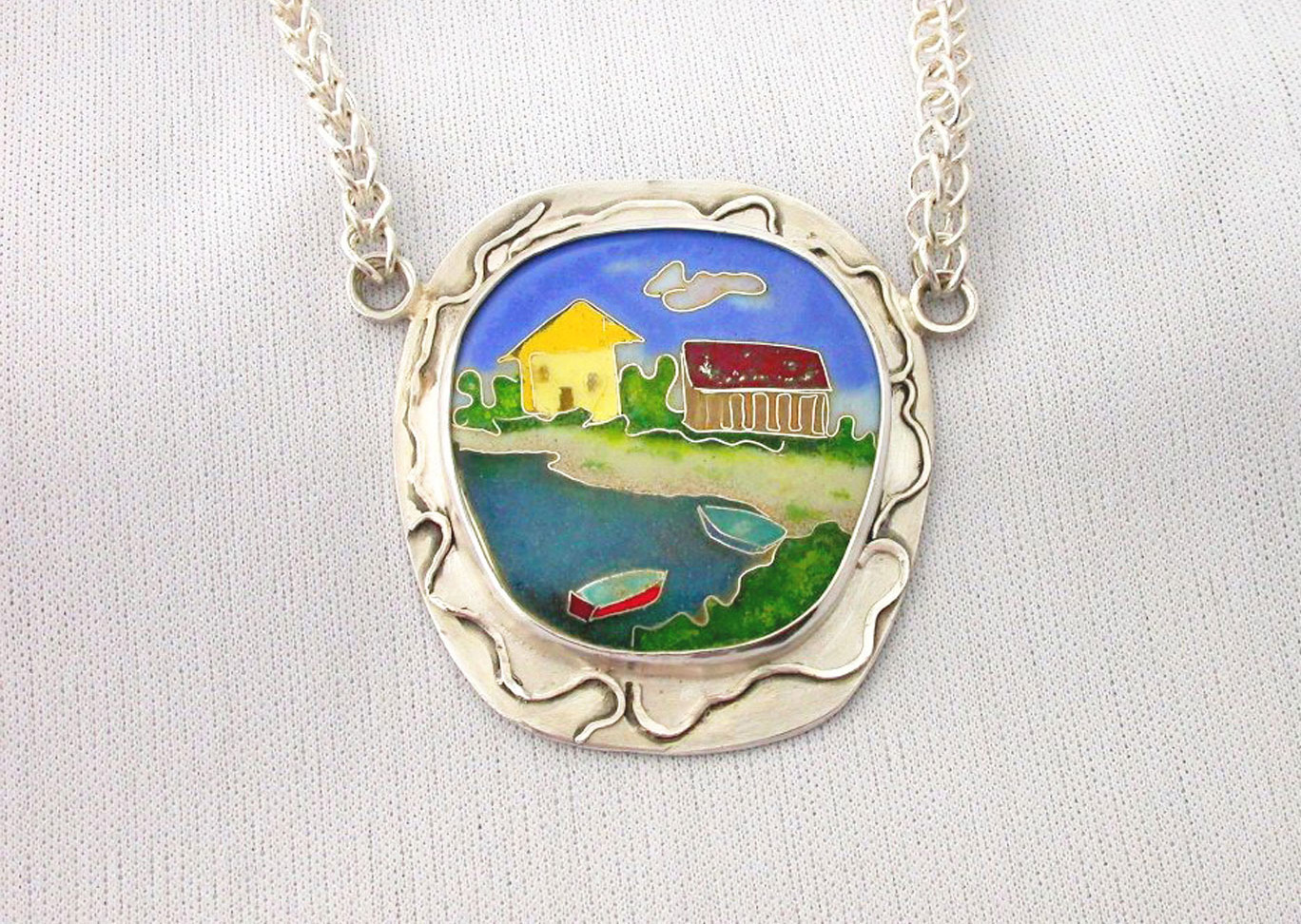 Puerto Rican Scene, necklace. Silver, enamel, fine silver hand woven chain. 4.8 x 5.1 cm. $600
