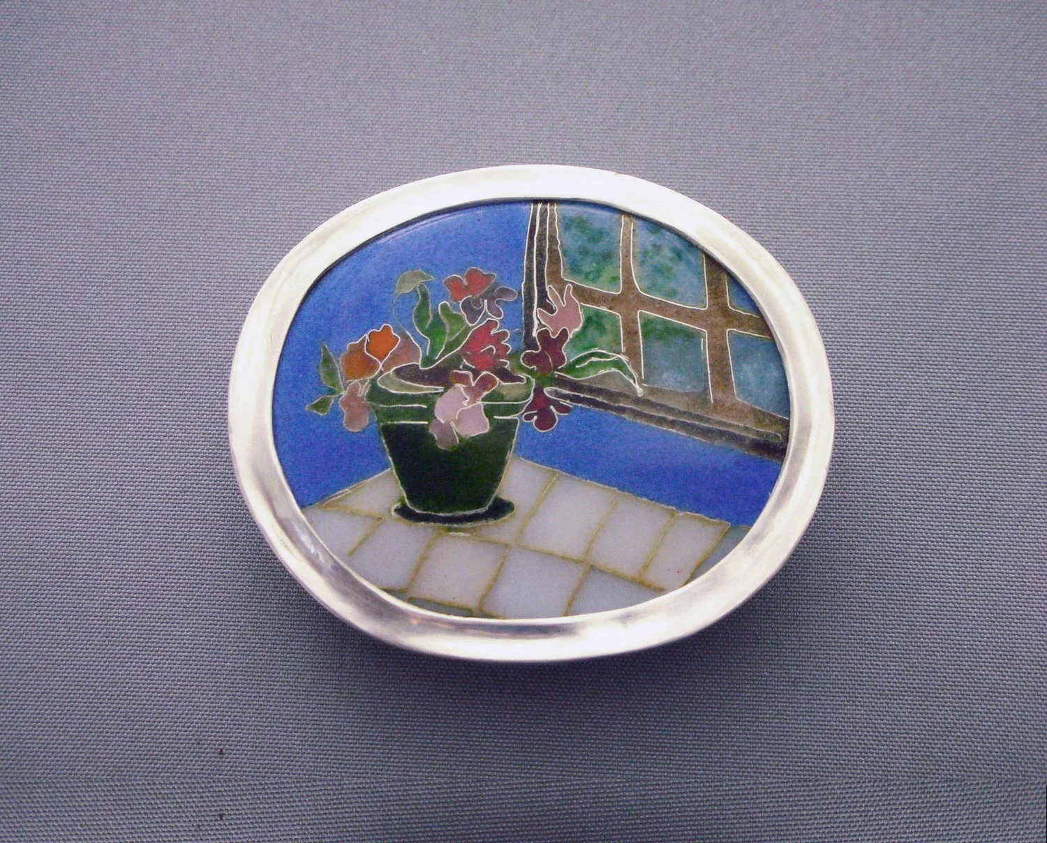 Pot with Flowers, brooch/pendant. Silver, enamel. 3.3 x 4.2 cm. $750