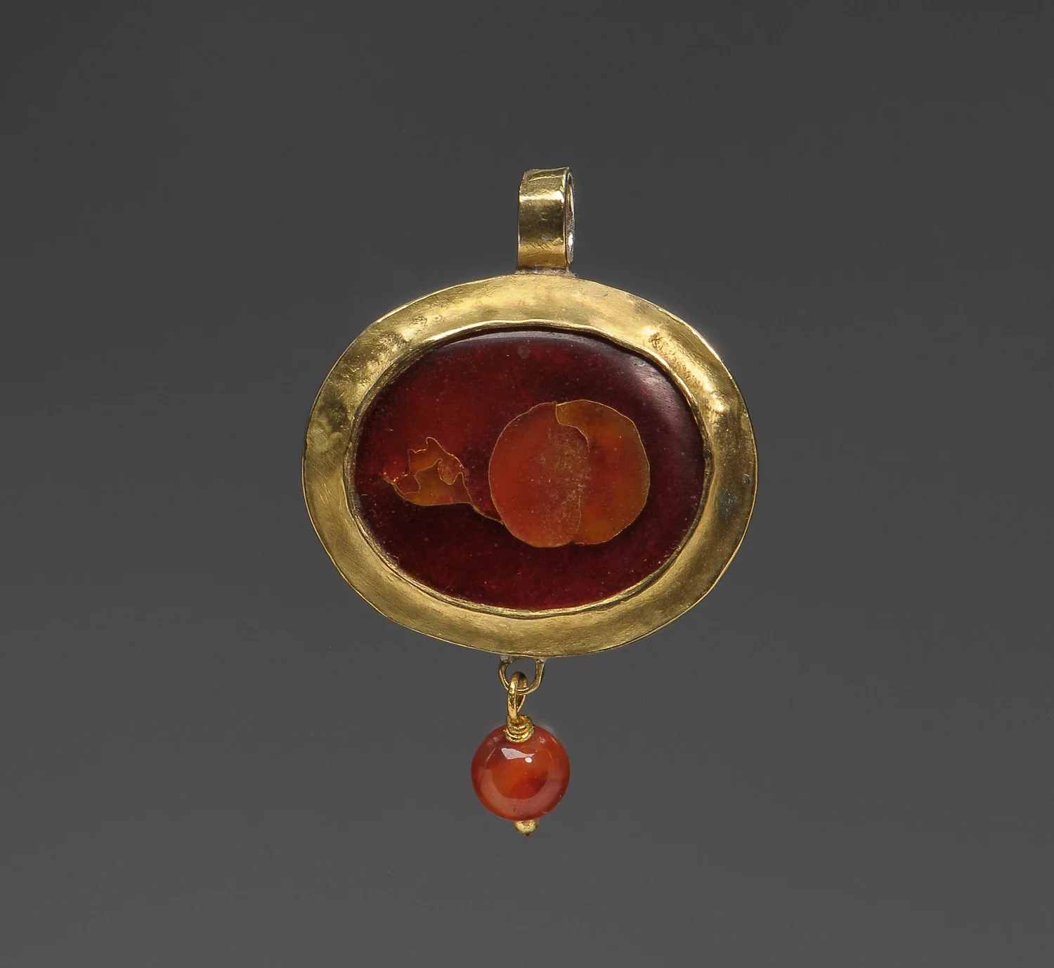 Peach, pendant. Gold, silver, enamel, carnelian. 3.5 x 2.5 cm. $1000