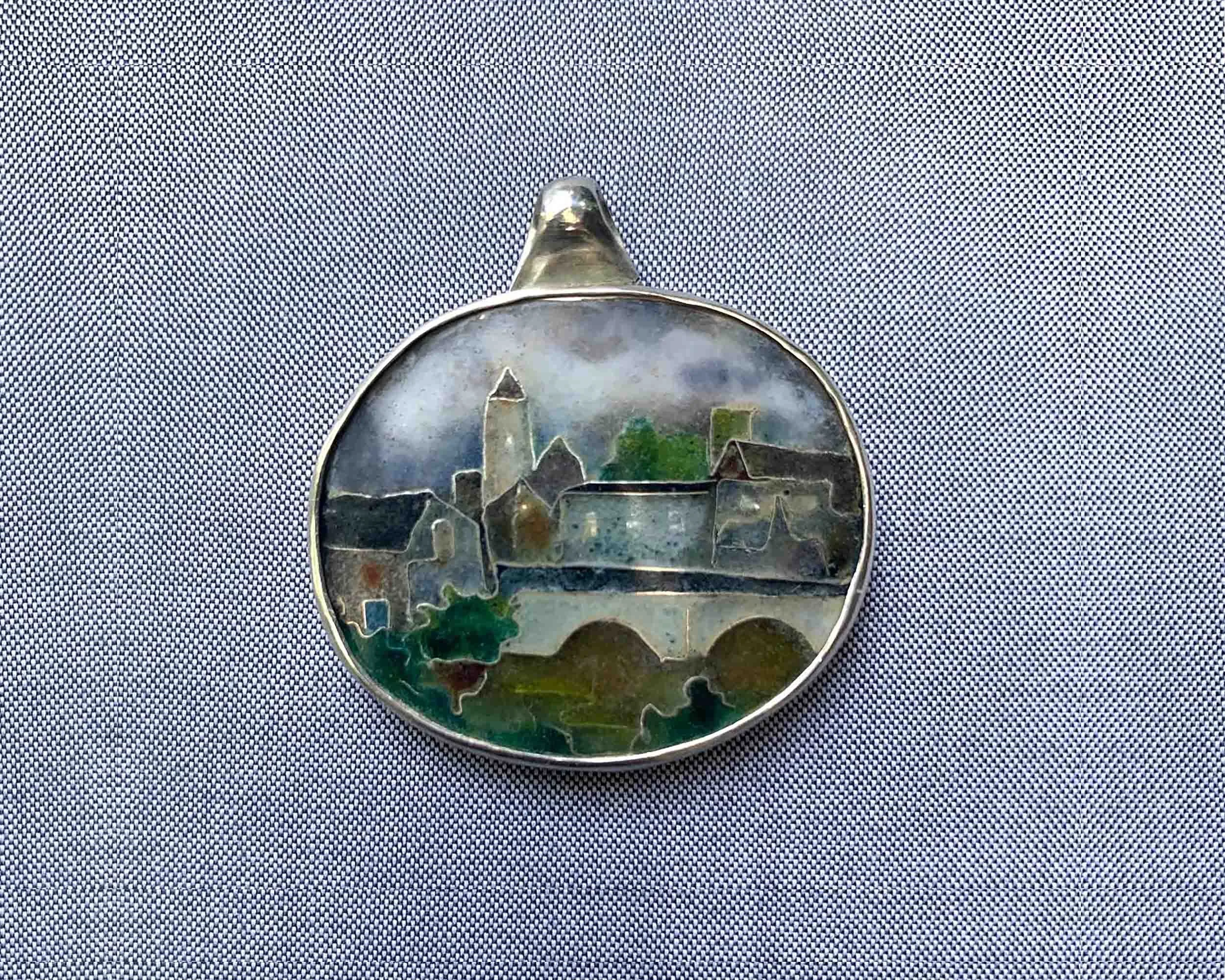 Stormy French Village I, pendant. Silver, enamel. 3.8 x 3 cm. NFS