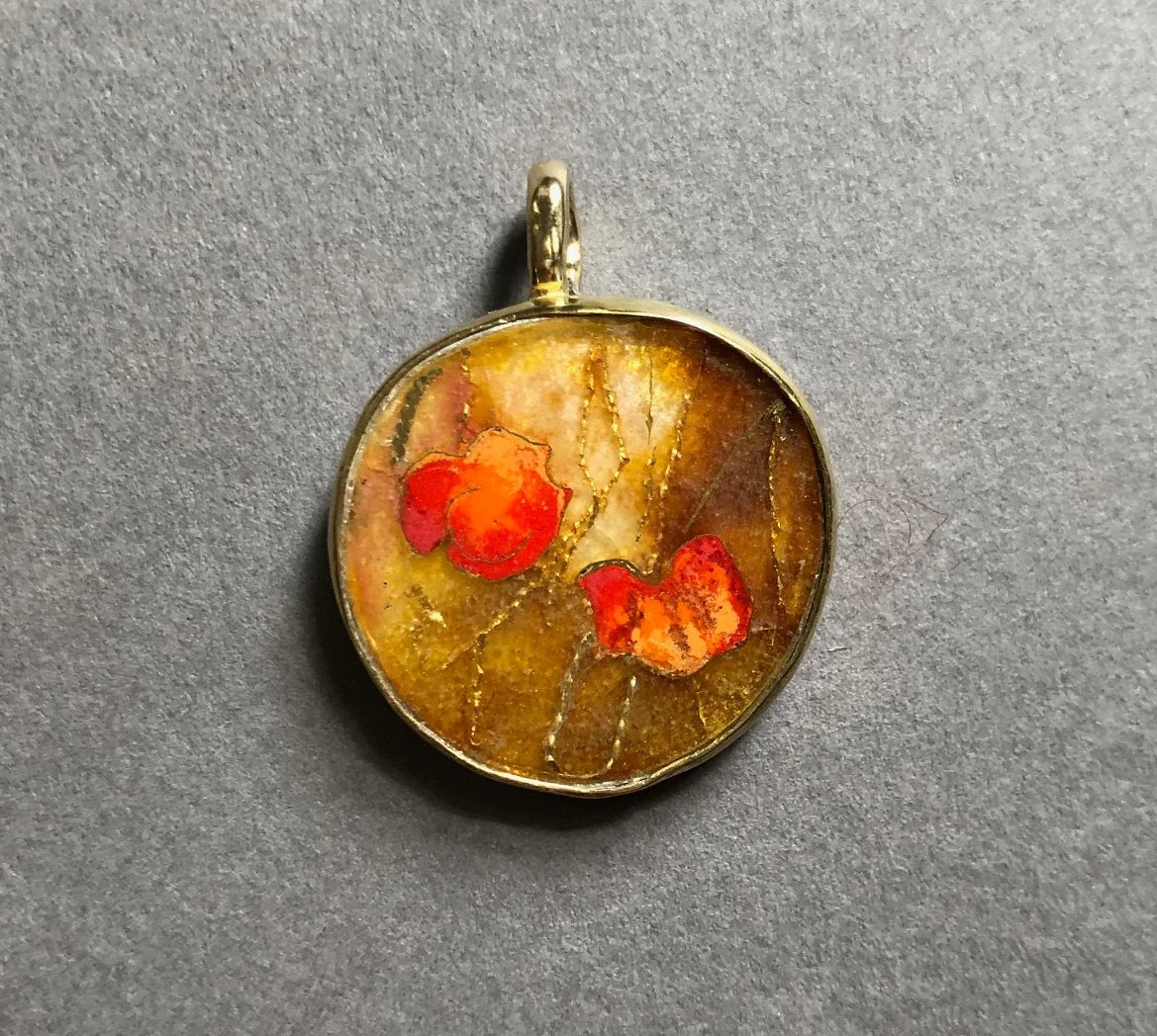 Japanese leaves, pendant. Gold, silver, enamel. 3.2 x 2.6 cm. $1800