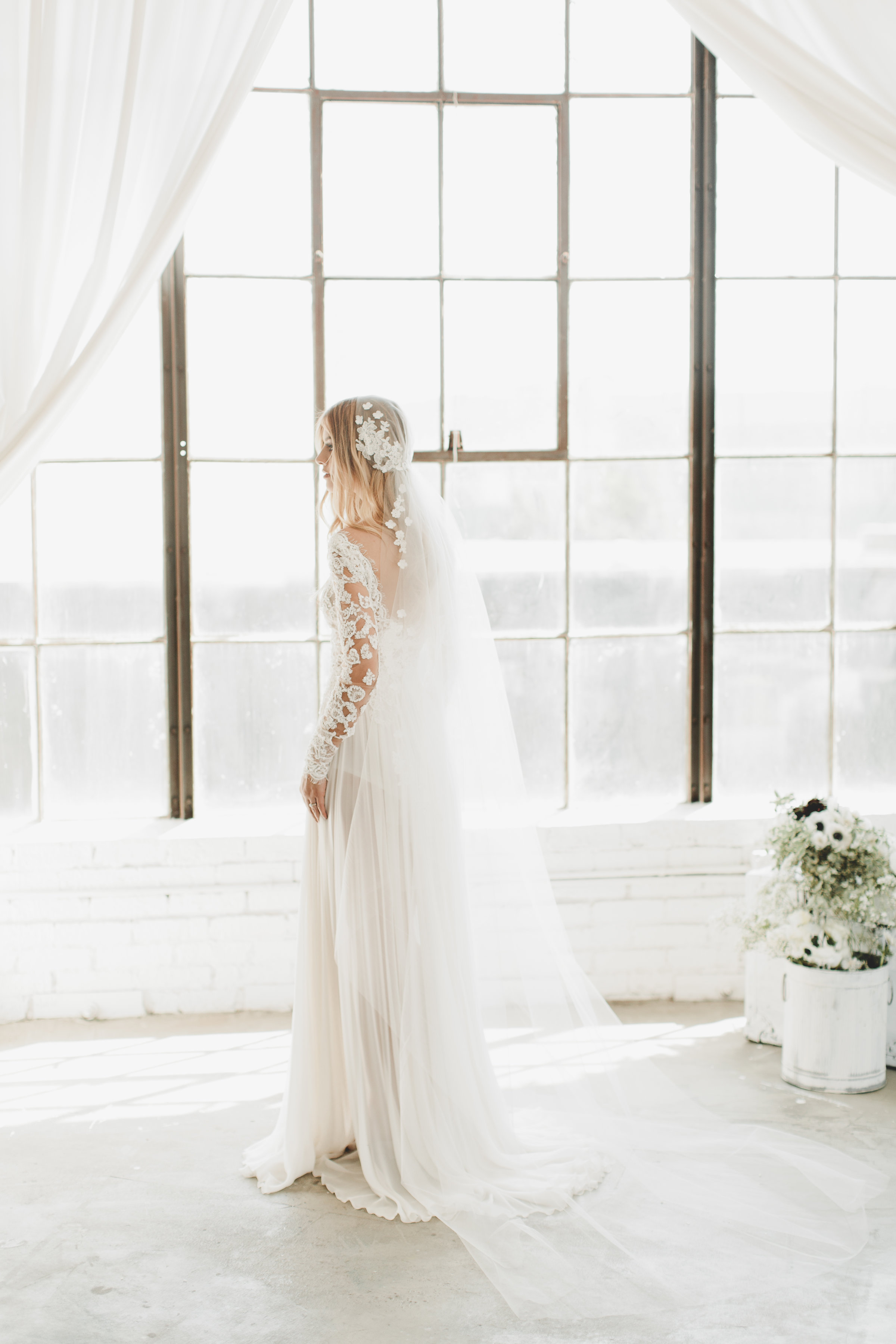 Silk & Lace Flower Crown Juliet Cap Veil #1735