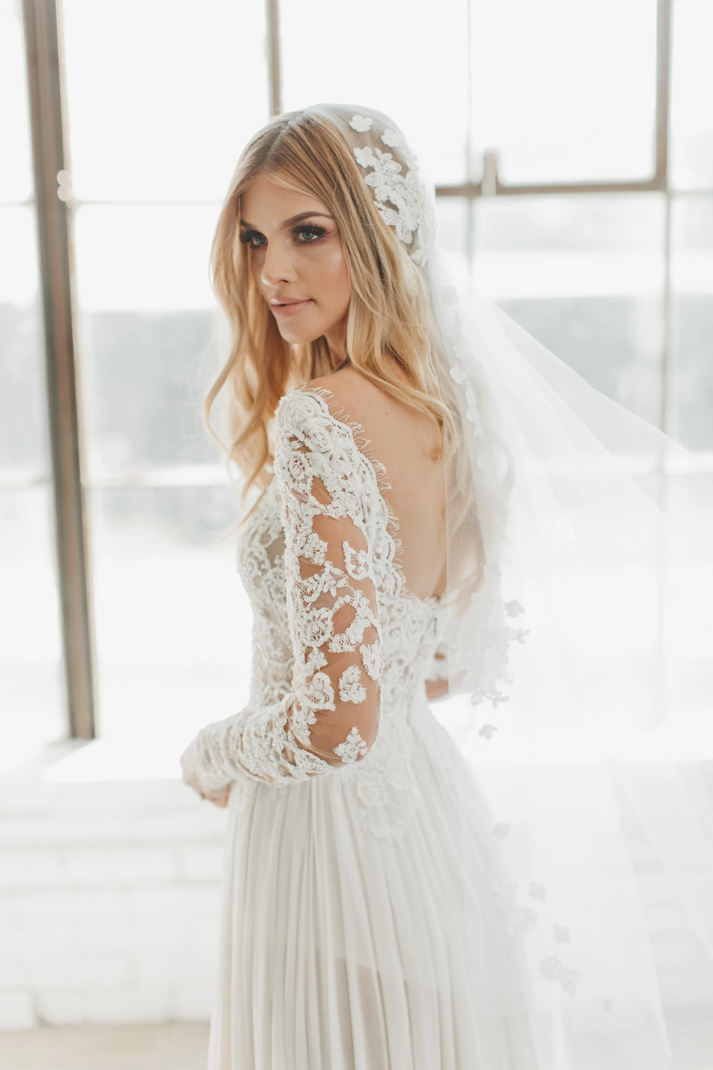 Silk & Lace Flower Crown Juliet Cap Veil #1735