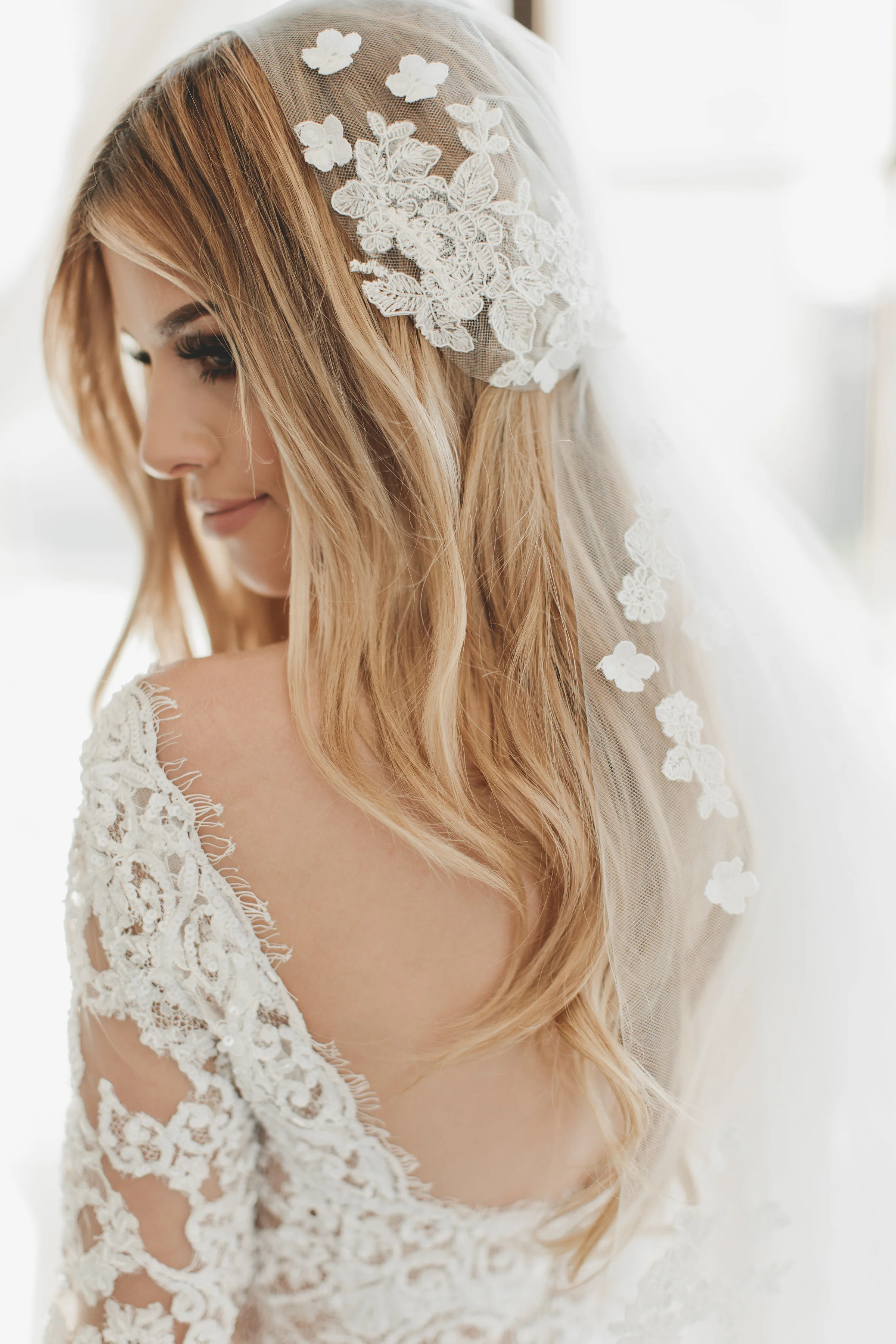 Silk & Lace Flower Crown Juliet Cap Veil #1735
