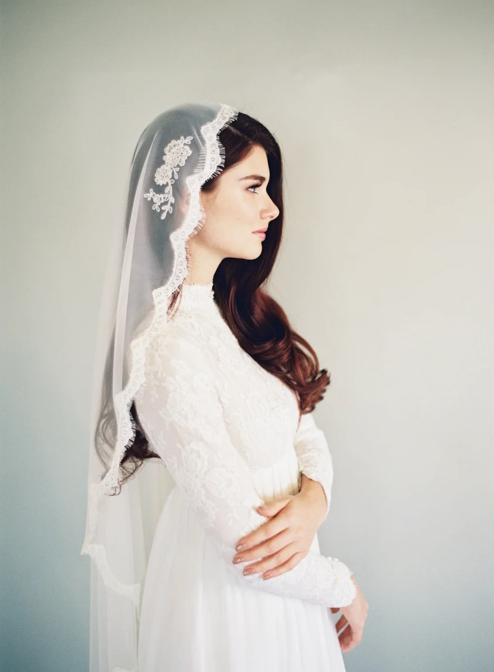 Fingertip Partial Lace Wedding Veil #1639