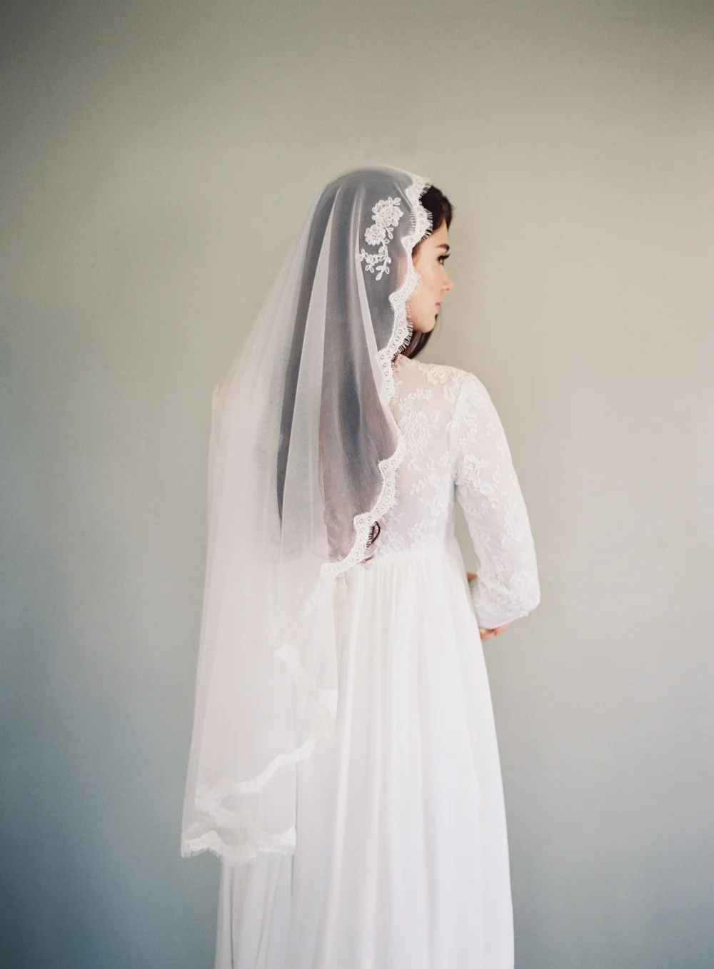 Fingertip Partial Lace Wedding Veil #1639